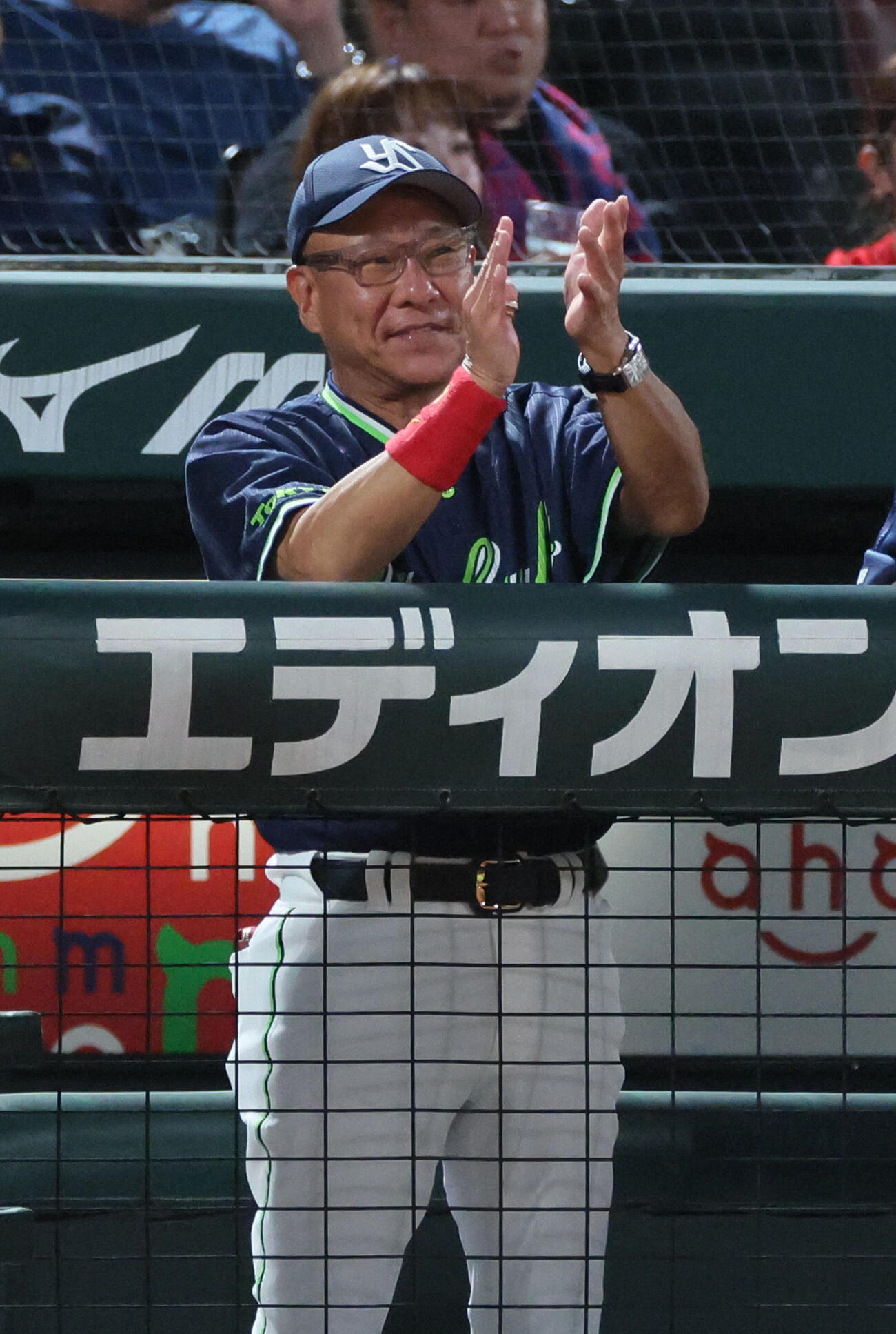 広島対ヤクルト　7回表ヤクルト1死満塁、奥川恭伸の遊撃適時内野安打を喜ぶヤクルト池山隆寛監督（撮影・加藤孝規）