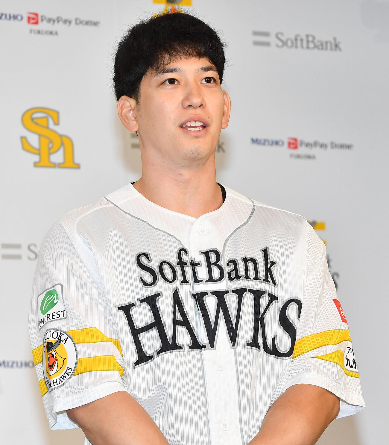 マイナビオールスターゲーム2026に選手間投票で選出され、会見を行うソフトバンク栗原陵矢（撮影・岩下翔太）