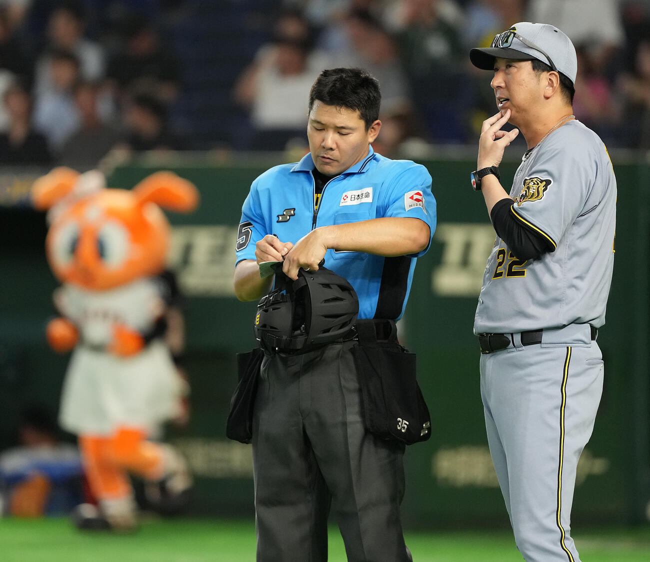 巨人対阪神　9回裏、選手交代を告げる阪神藤川球児監督（撮影・たえ見朱実）