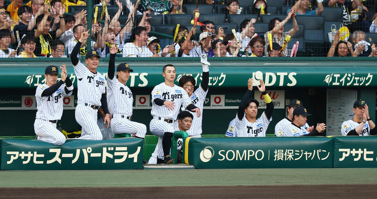 阪神対ヤクルト　1回裏阪神1死一塁、森下翔太の右越え適時二塁打で先制し喜ぶベンチのナイン（撮影・加藤哉）