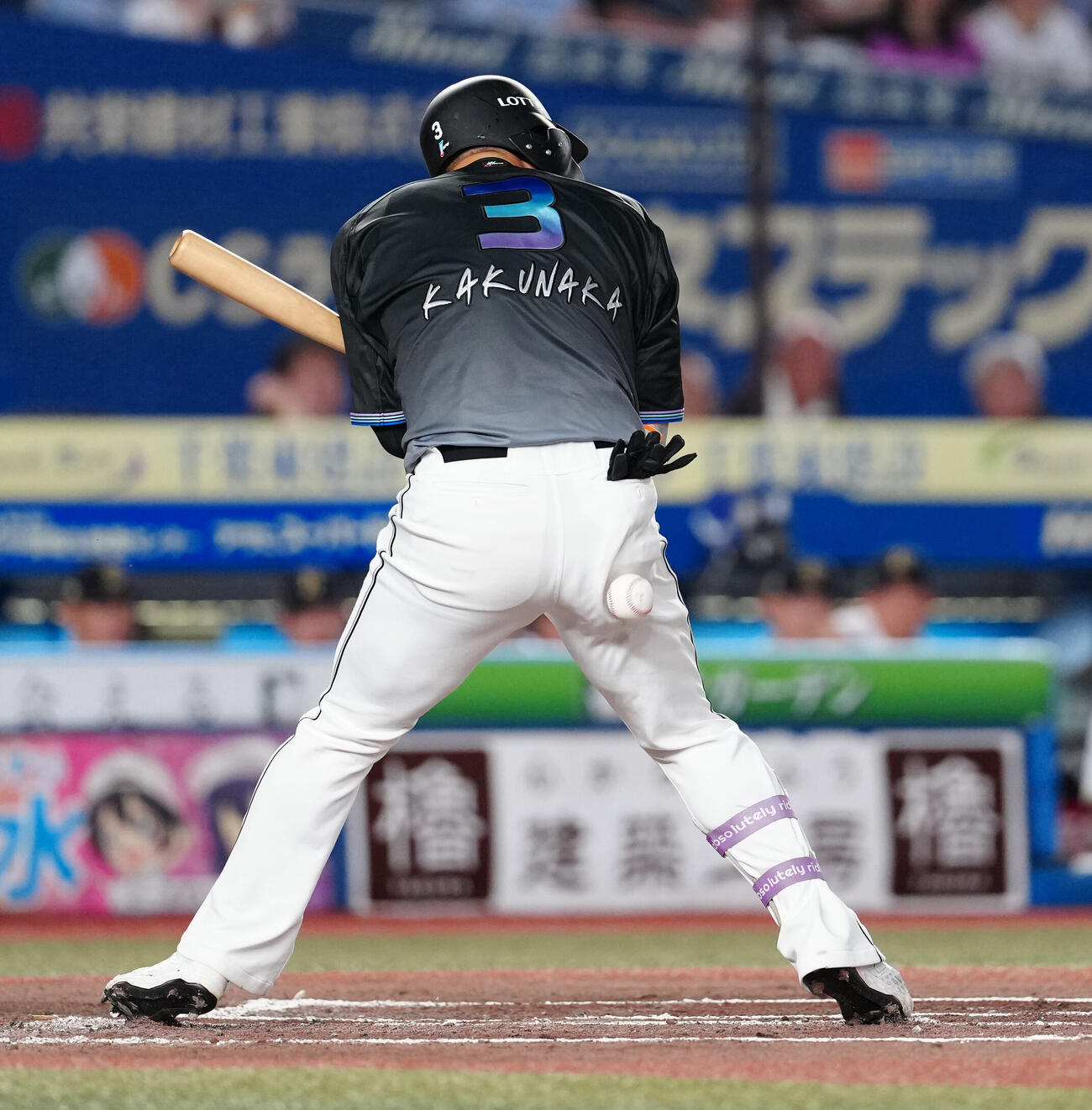 ロッテ対オリックス　6回裏ロッテ1死三塁、死球を受ける代打角中勝也（撮影・鈴木みどり）