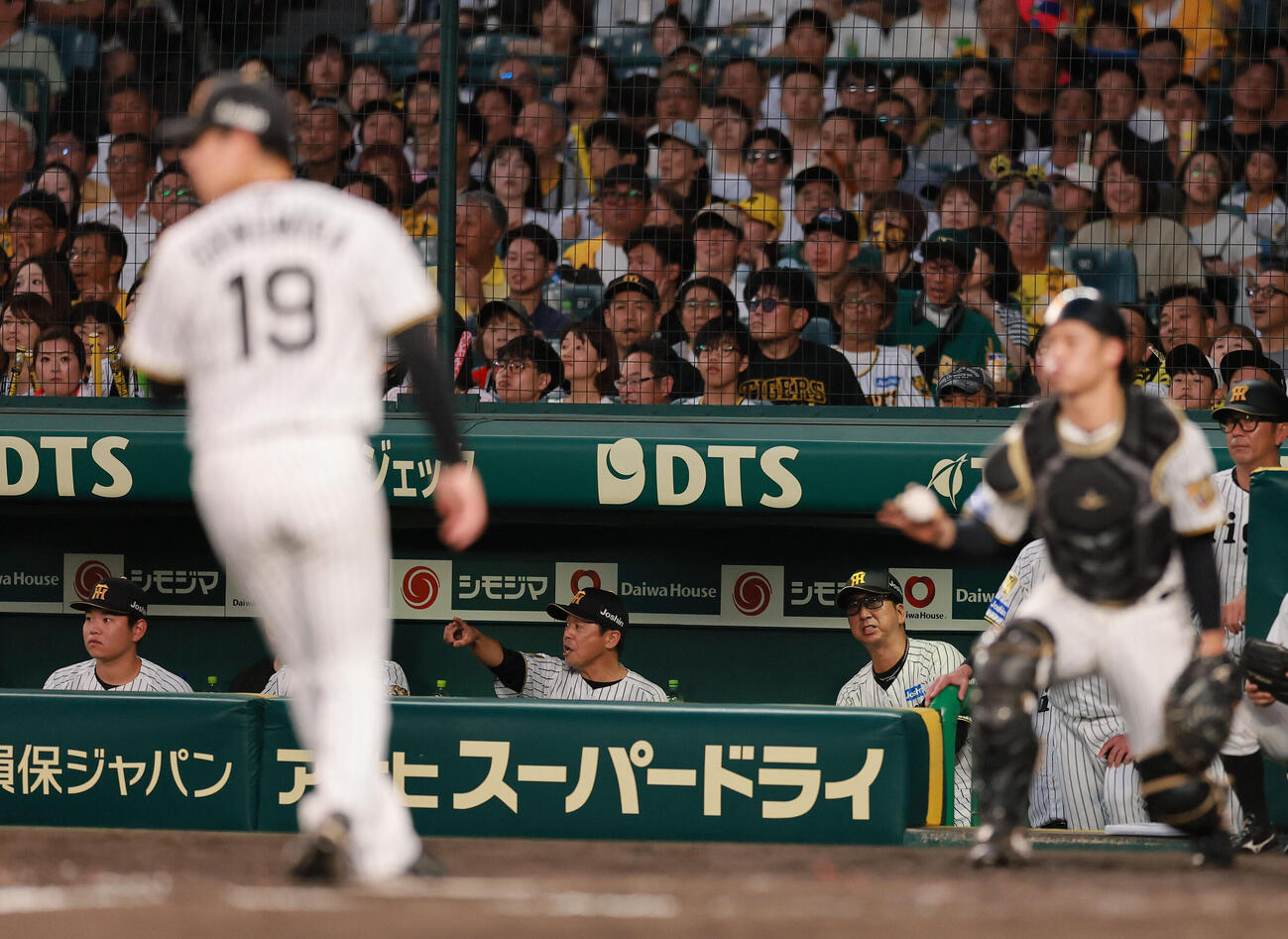 阪神対ヤクルト　5回表ヤクルト1死一、三塁、打者山野辺翔の時、下村海翔が暴投し、落胆する藤川球児監督（右）（撮影・上山淳一）