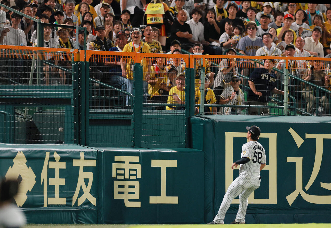 阪神対ヤクルト　6回表ヤクルト2死、左越え本塁打を放つ赤羽由紘の着弾点（撮影・上山淳一）