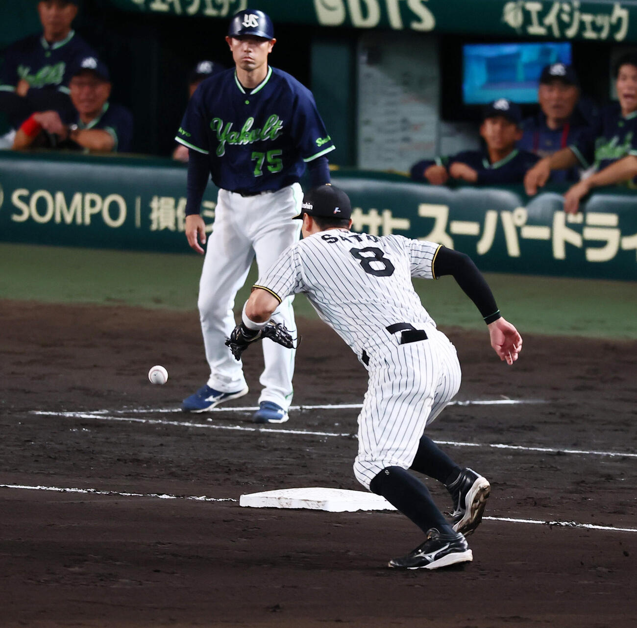 阪神対ヤクルト　8回表ヤクルト無死一塁、佐藤輝明は代打塩見泰隆の打球をエラーする（撮影・加藤哉）
