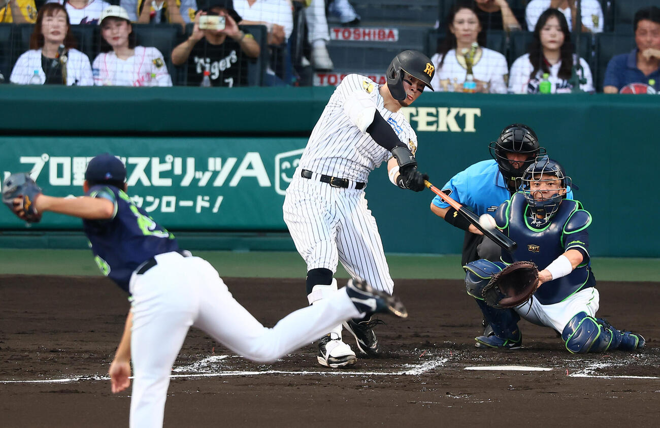 阪神対ヤクルト　2回裏阪神無死、佐藤輝明は右越えソロ本塁打を放つ。投手松本健吾（撮影・加藤哉）