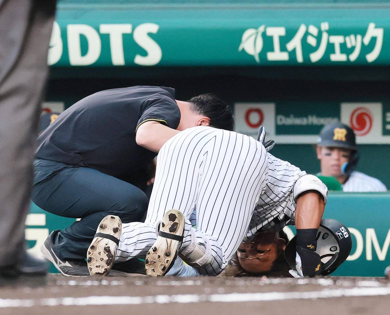 阪神対ヤクルト　2回裏阪神無死、自打球し痛がる前川右京（撮影・上山淳一）
