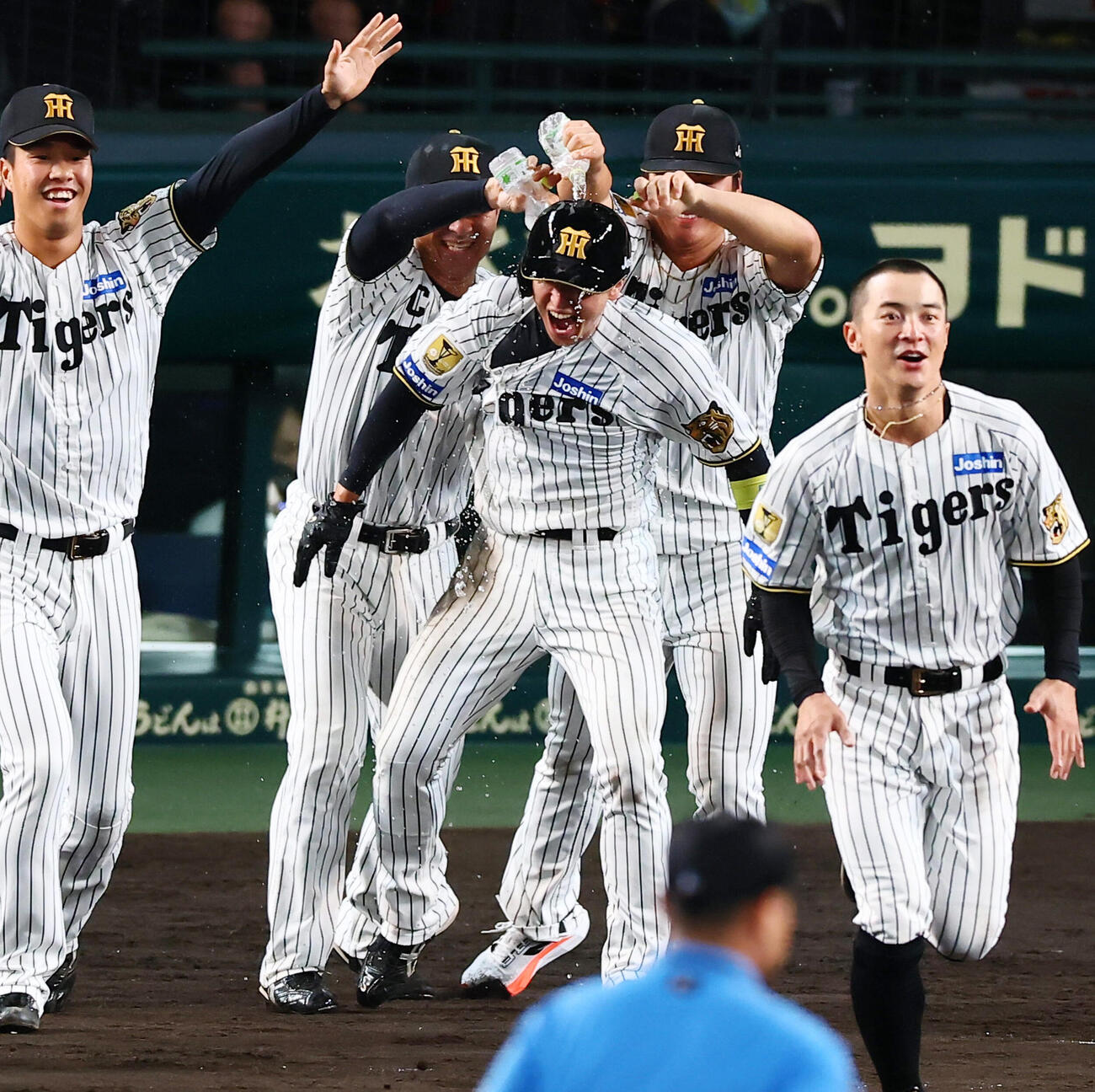阪神対ヤクルト　9回裏阪神1死一、二塁、二走近本光司は森下翔太の左前打と相手失策で本塁に生還しサヨナラ勝ちを決め、ナインからのウオーターシャワーを浴びる（撮影・加藤哉）