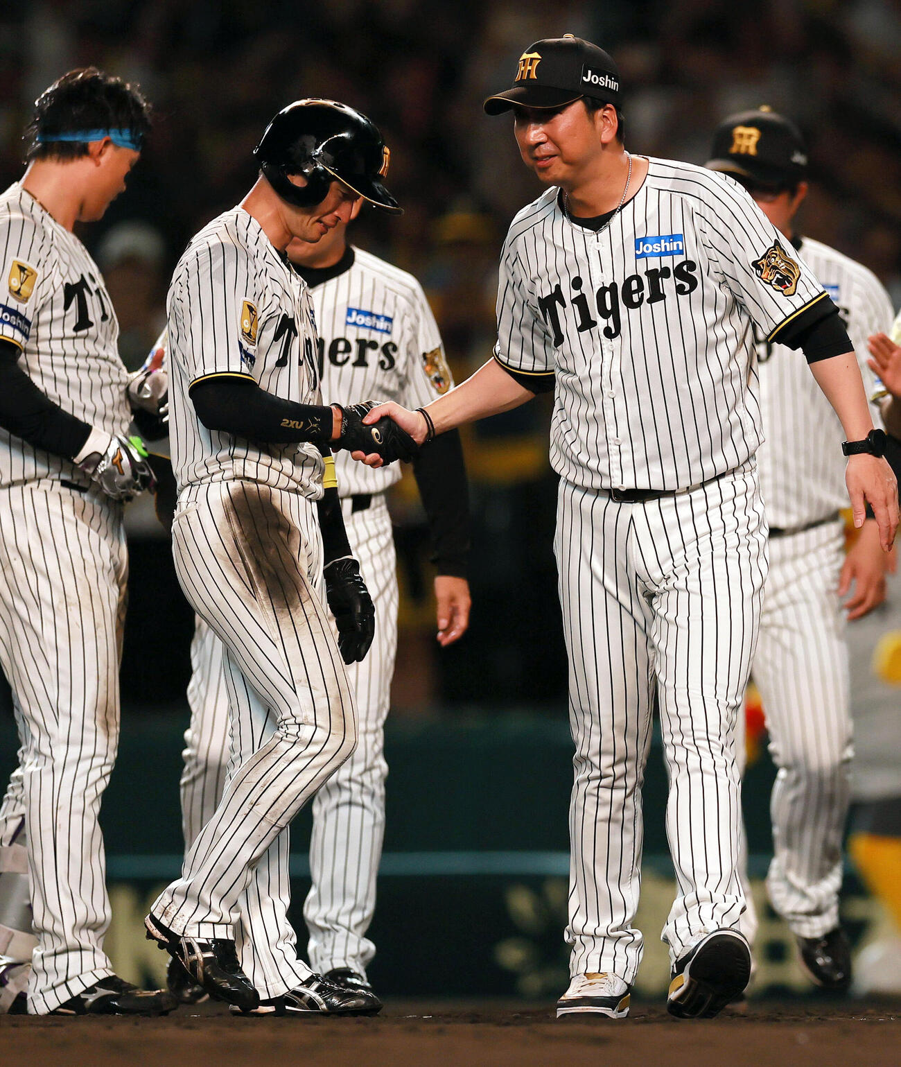 阪神対ヤクルト　ヤクルトに勝利した阪神藤川球児監督（右）はサヨナラ生還した近本光司と握手をかわす（撮影・上山淳一）