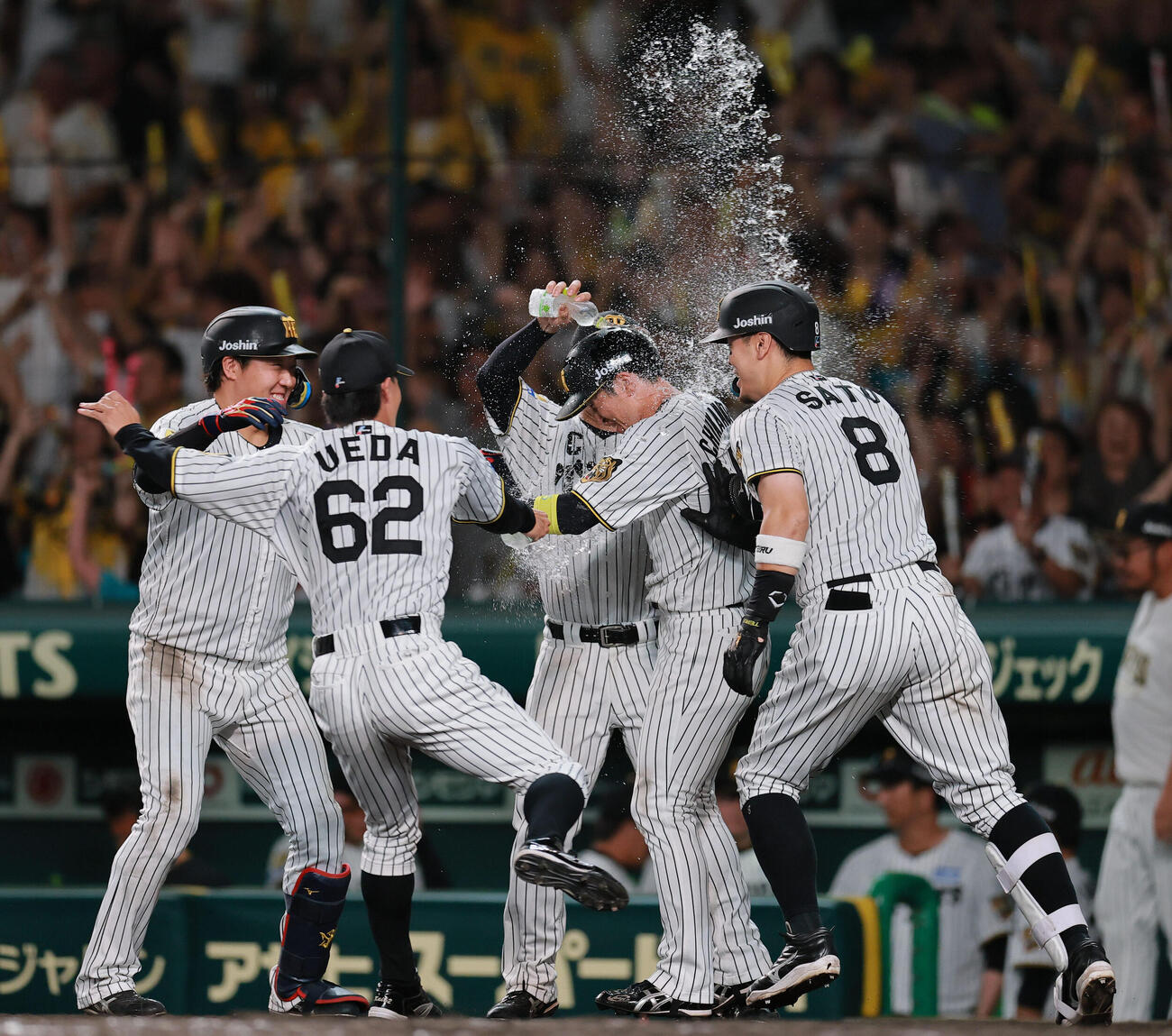 阪神対ヤクルト　9回裏阪神1死一、二塁、二走近本光司（右から2人目）は森下翔太の左前打と左翼手山野辺翔のファンブルでサヨナラ生還しウオーターシャワーの祝福を受ける（撮影・上山淳一）