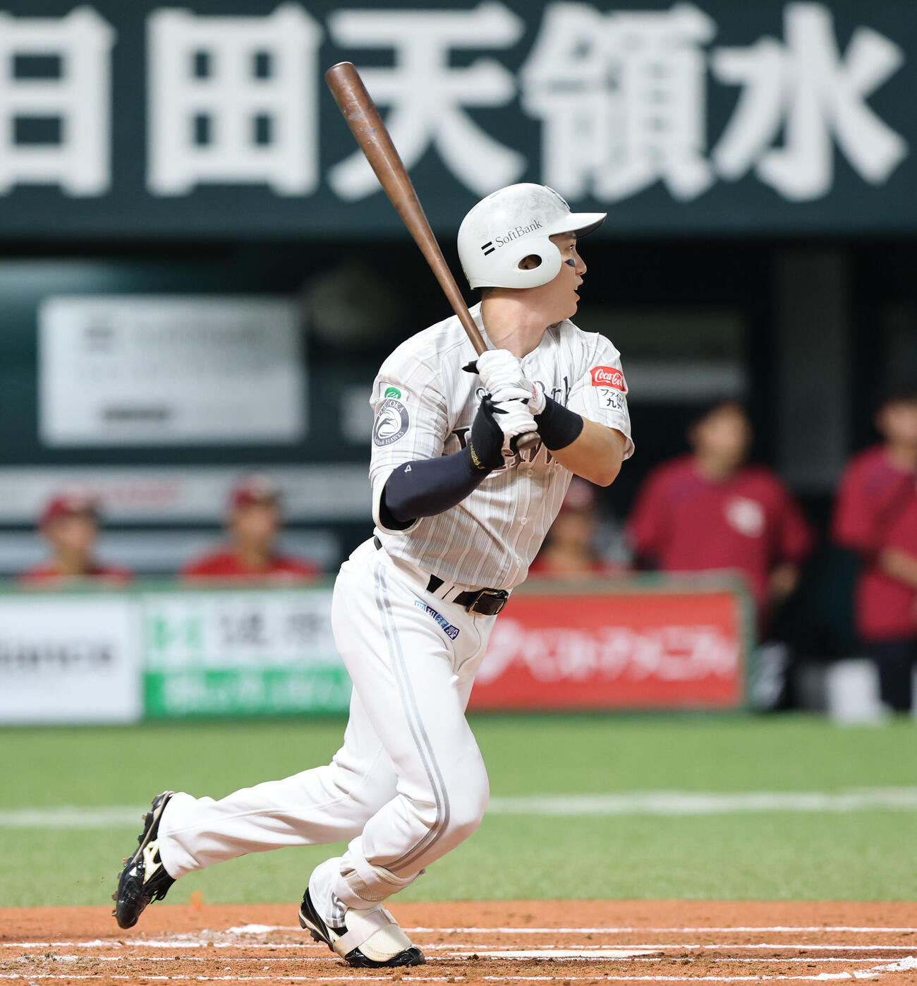 ソフトバンク対楽天　1回裏ソフトバンク1死一、三塁、栗原陵矢は左前に先制適時打を放つ（撮影・梅根麻紀）