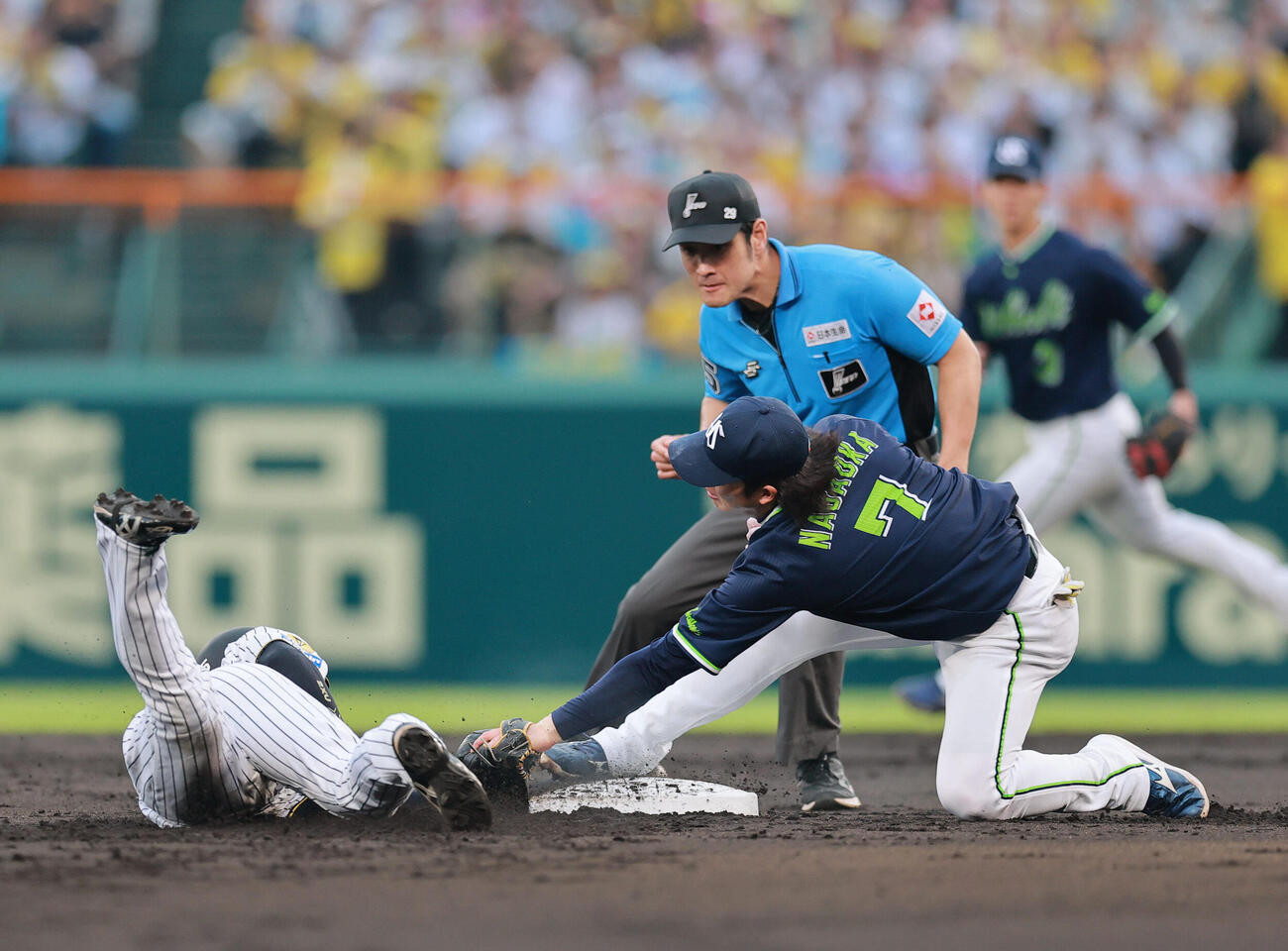 阪神対ヤクルト　1回裏阪神2死二塁、打者佐藤輝明の時、けん制でアウトとなる二走近本光司（左）。遊撃手長岡秀樹（撮影・上山淳一）