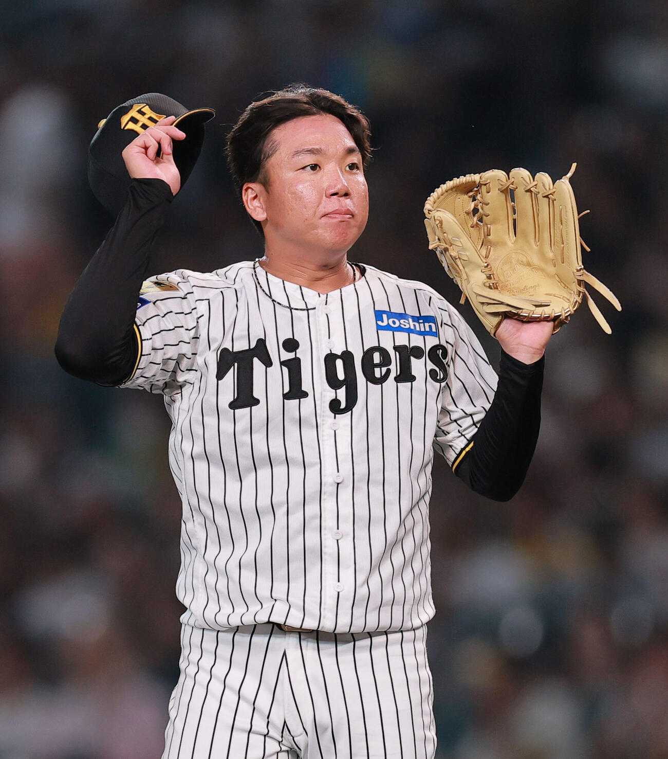 阪神対ヤクルト　5回表、球審から球を受け取る阪神村上頌樹（撮影・上山淳一）