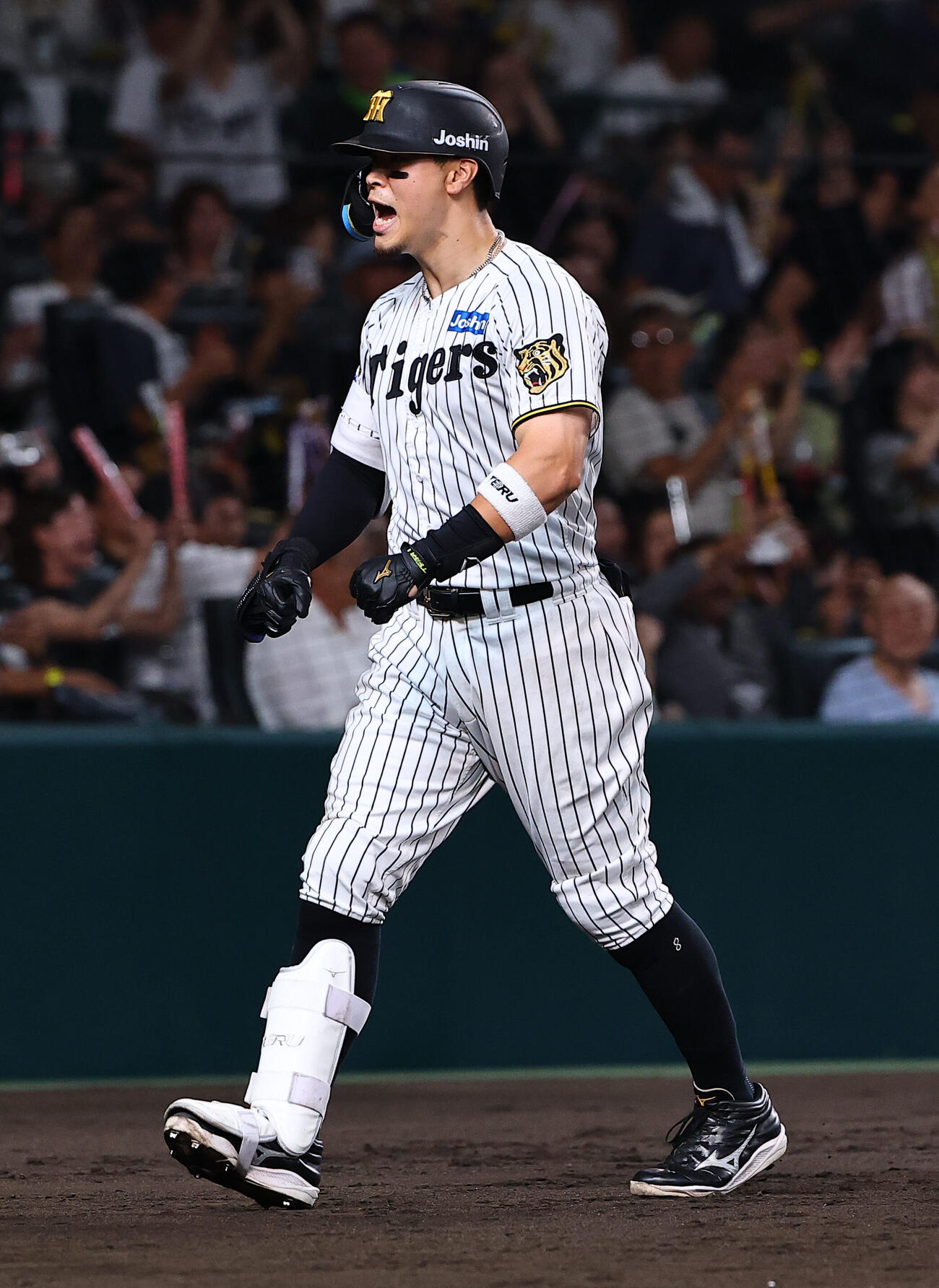 阪神対ヤクルト　7回裏阪神1死一塁、2点本塁打を放った佐藤輝明は雄たけびを上げる（撮影・上田博志）