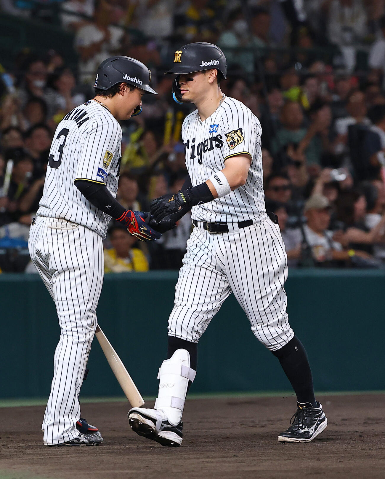 阪神対ヤクルト　7回裏阪神1死一塁、2点本塁打を放った佐藤輝明（右）は大山悠輔の出迎えを受ける（撮影・上田博志）