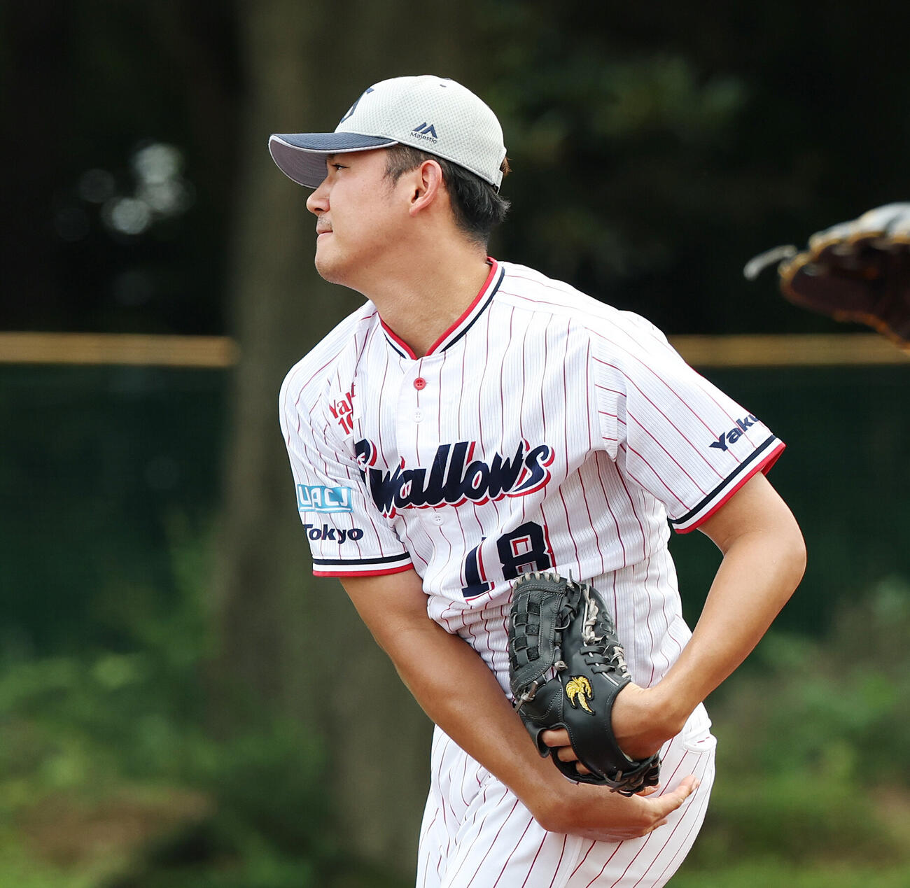 ヤクルト対巨人　試合前練習でキャッチボールするヤクルト奥川恭伸（撮影・宮地輝）