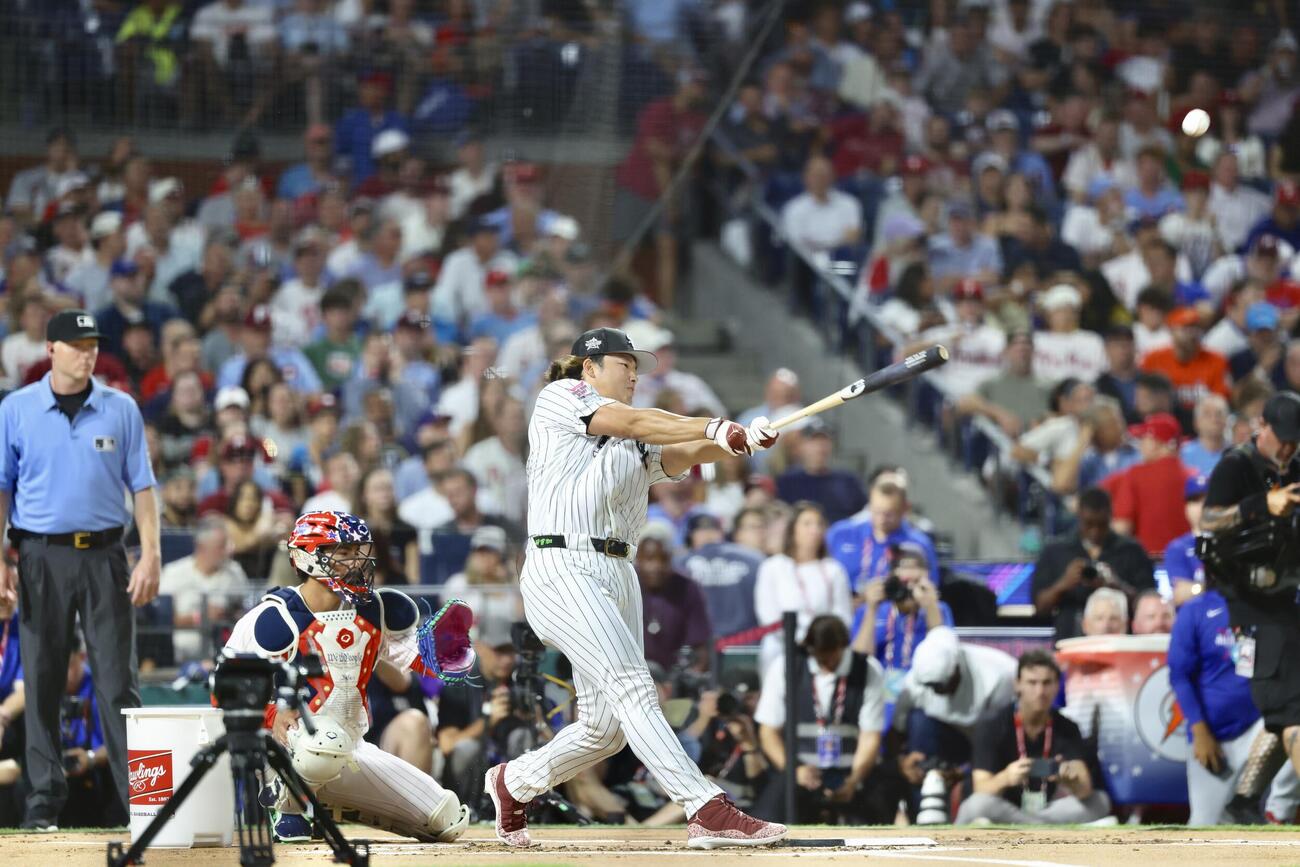 MLBホームランダービーの第1ラウンドに臨むホワイトソックス村上宗隆（撮影・河田真司）