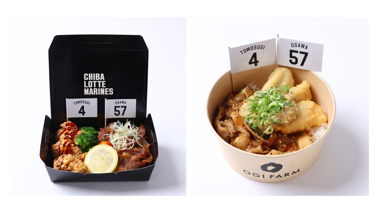 オガトモコンビのカルビ＆ヤンニョムチキンチーズBOX（左）とオガトモコンビの生姜タルタル鶏天とピリッと豚肉