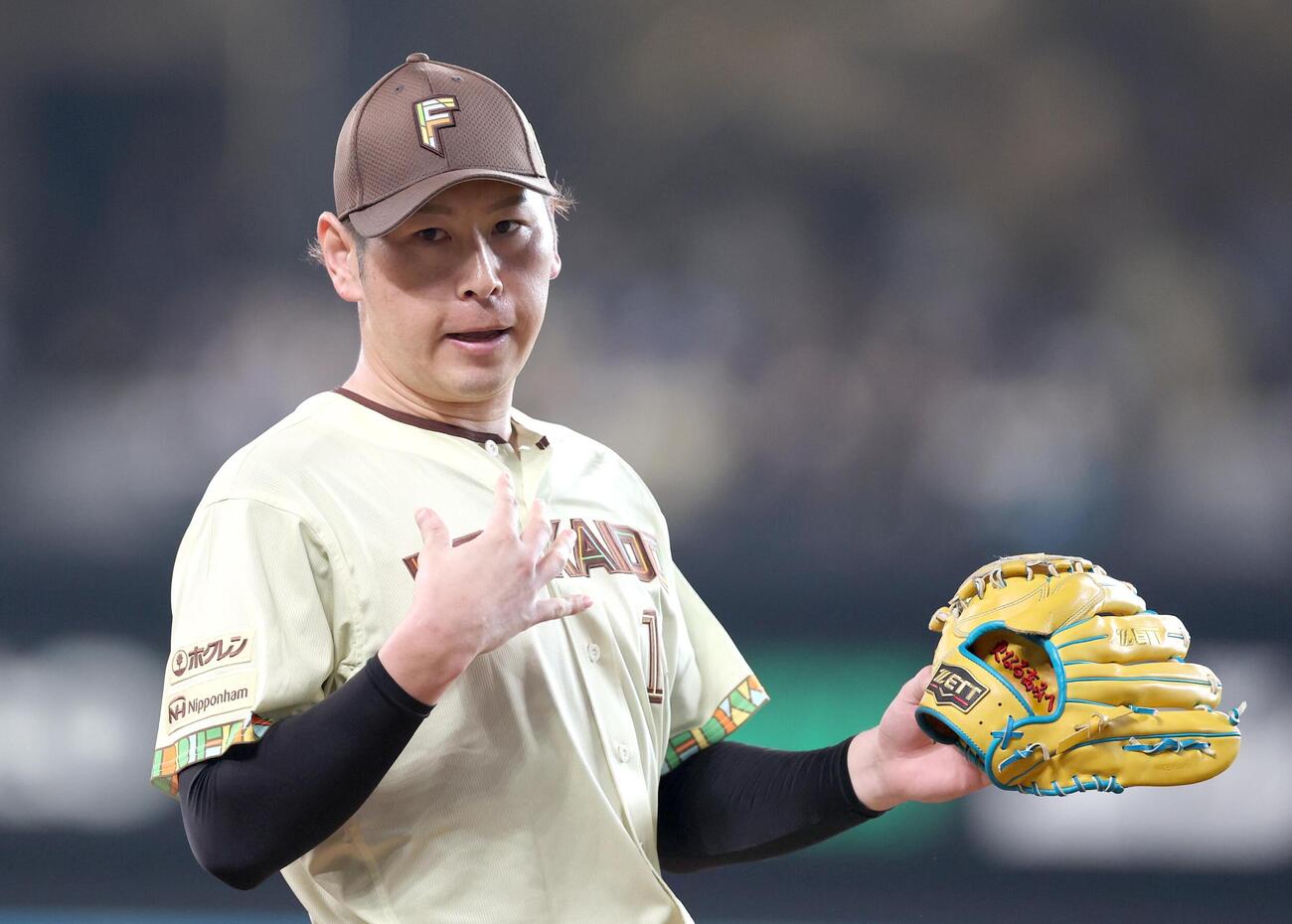 日本ハム対ソフトバンク　5回表、走者を出すも無失点に抑える加藤貴之（撮影・黒川智章）