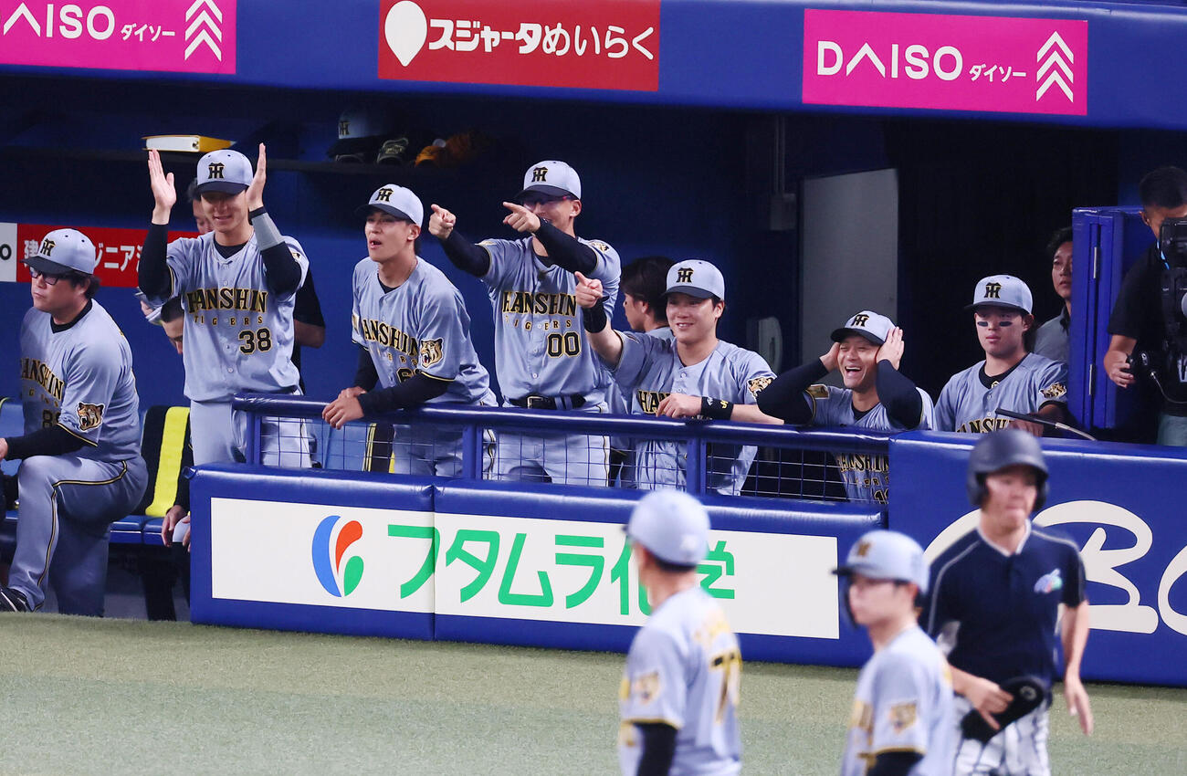 中日対阪神　1回表阪神無死一、三塁、森下翔太の適時二塁打にベンチで盛り上がるナイン（撮影・加藤哉）