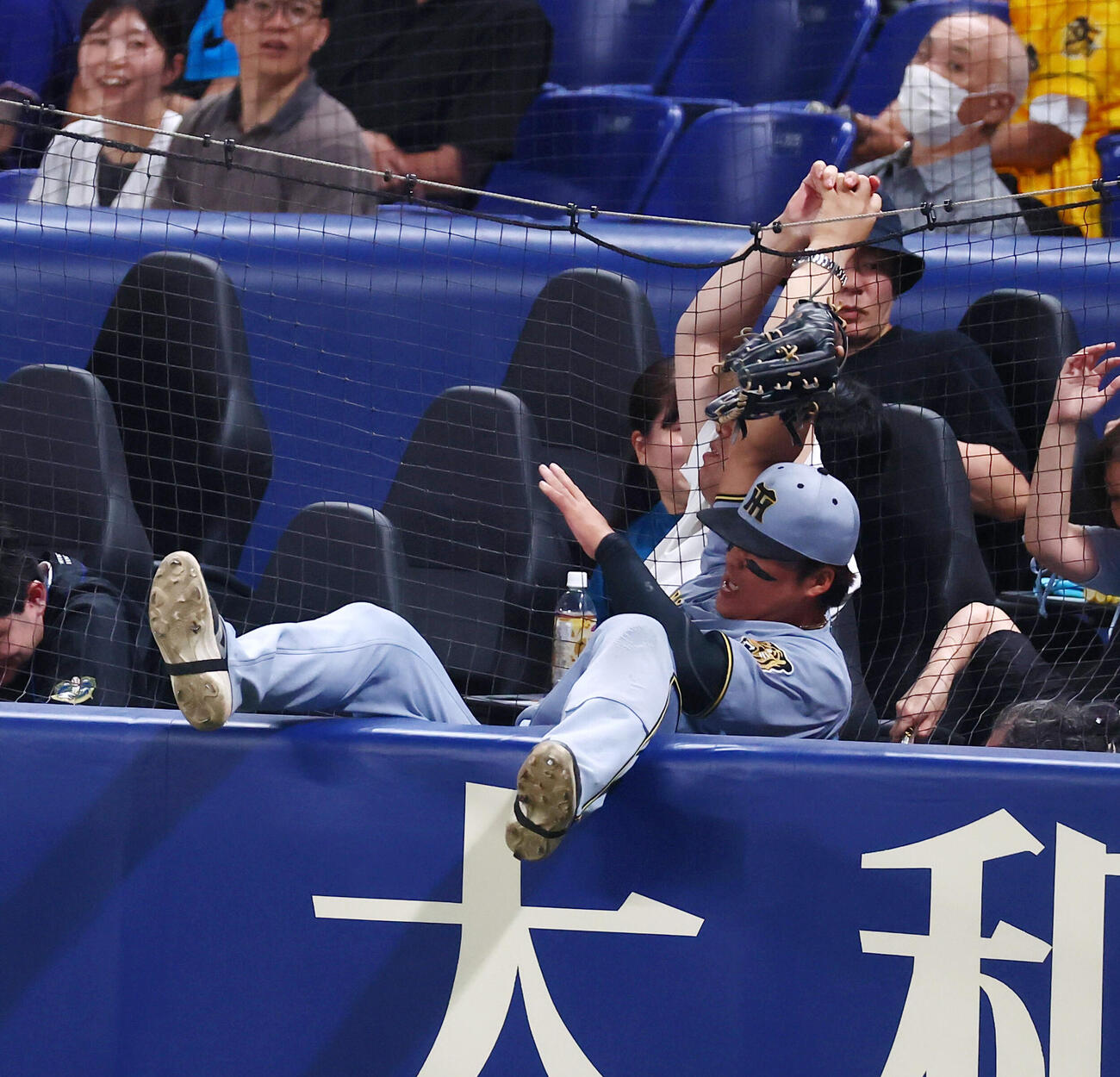 中日対阪神　8回裏中日1死、前川右京は尾田剛樹の邪飛を追ってスタンドのネットに身体がはまってしまう（撮影・加藤哉）