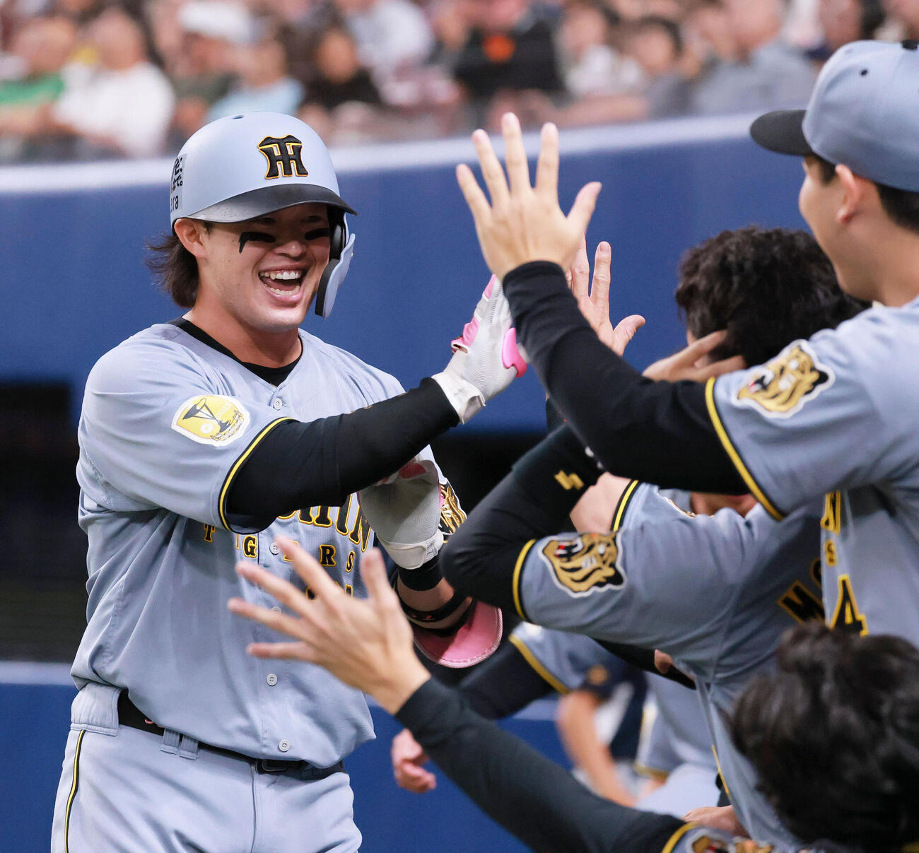 中日対阪神　8回表阪神無死、代打浜田太貴（左）は左越え本塁打を放ち祝福を受ける（撮影・上山淳一）