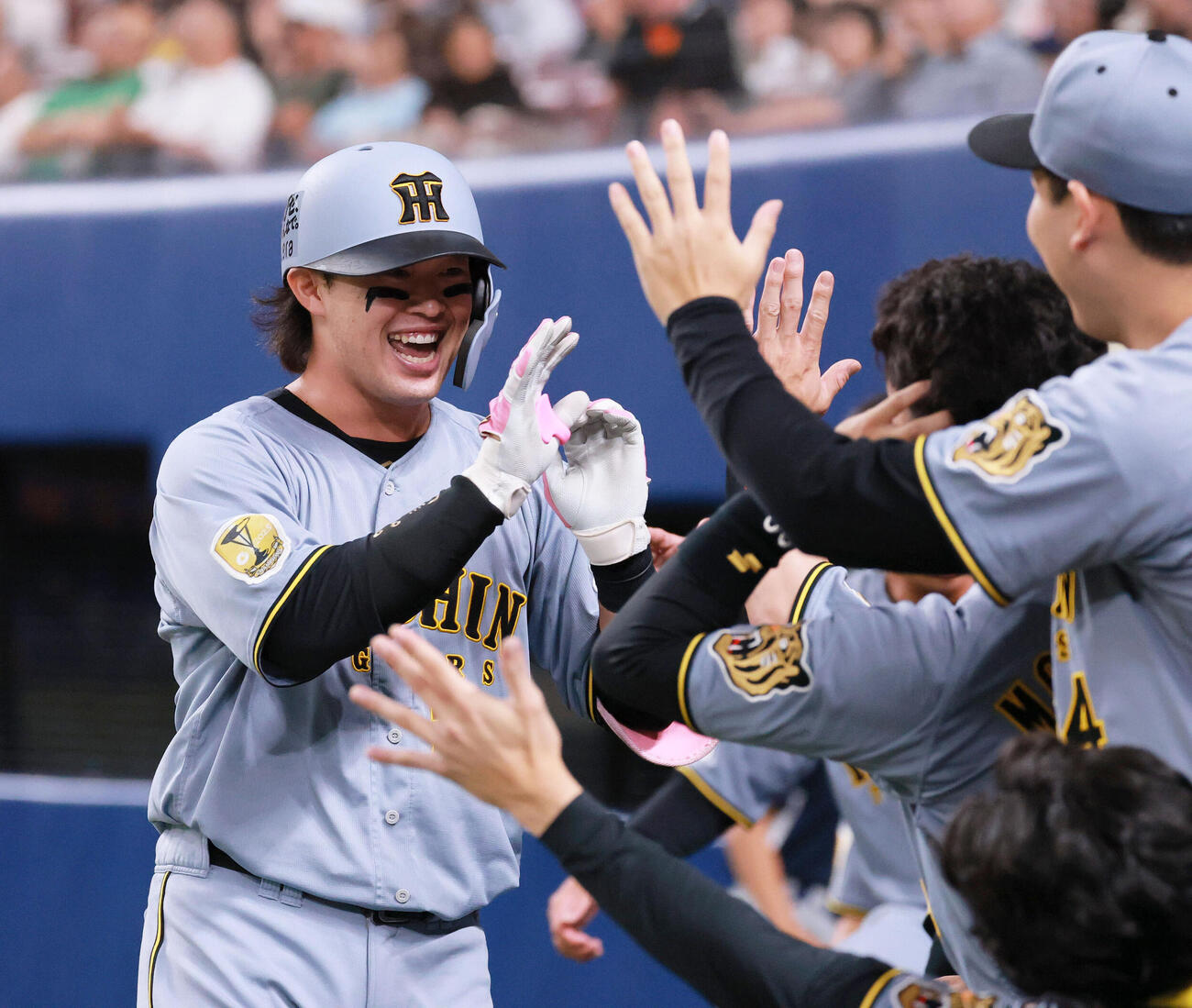 中日対阪神　8回表阪神無死、代打浜田太貴（左）は左越え本塁打を放ち祝福を受ける（撮影・上山淳一）