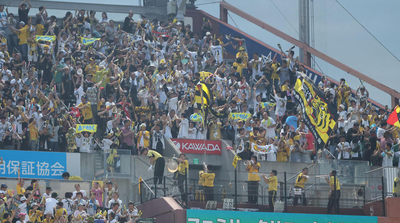 広島対阪神　5回表阪神1死、一塁、森下翔太の中越え2点本塁打に沸く阪神ファン（撮影・加藤孝規）