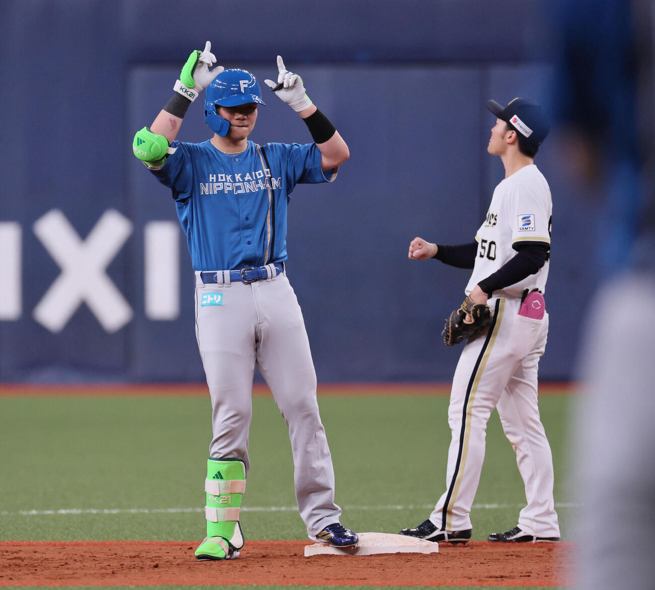 オリックス対日本ハム　4回表日本ハム2死一塁、清宮幸太郎は適時二塁打を放つ（撮影・宮崎幸一）