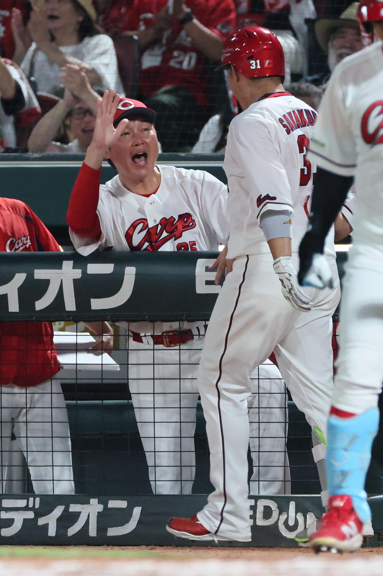 広島対阪神　6回裏広島無死、勝ち越し弾野坂倉将吾を迎える新井貴浩監督（撮影・加藤孝規）
