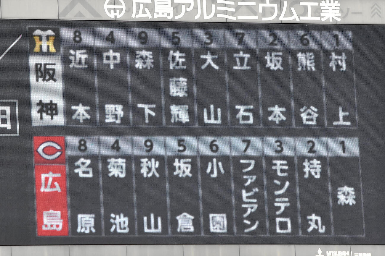 広島対阪神15回戦の先発メンバー（撮影・岩下翔太）