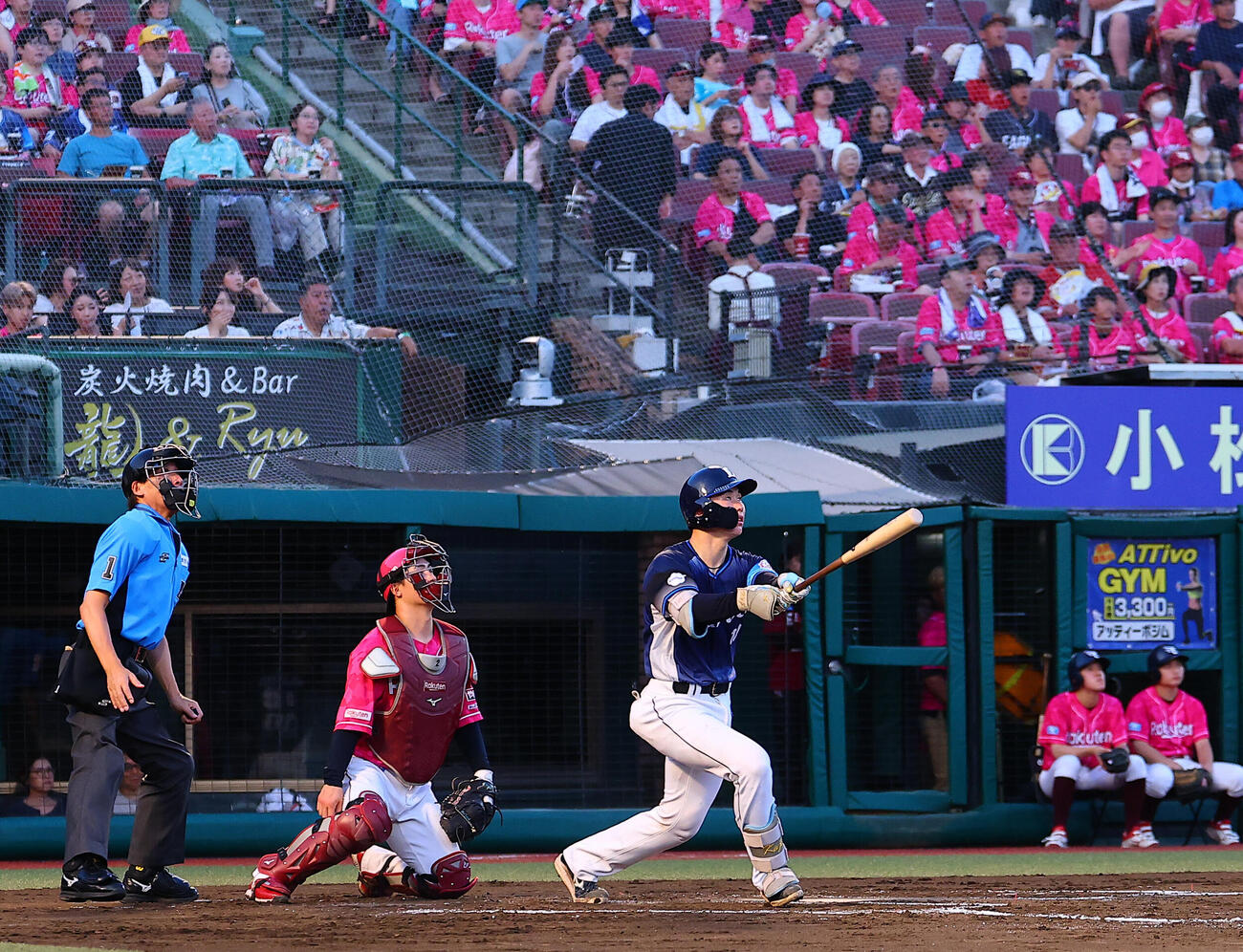 楽天対西武　3回表西武1死一、二塁、3点本塁打を放つ小島大河（撮影・野上伸悟）