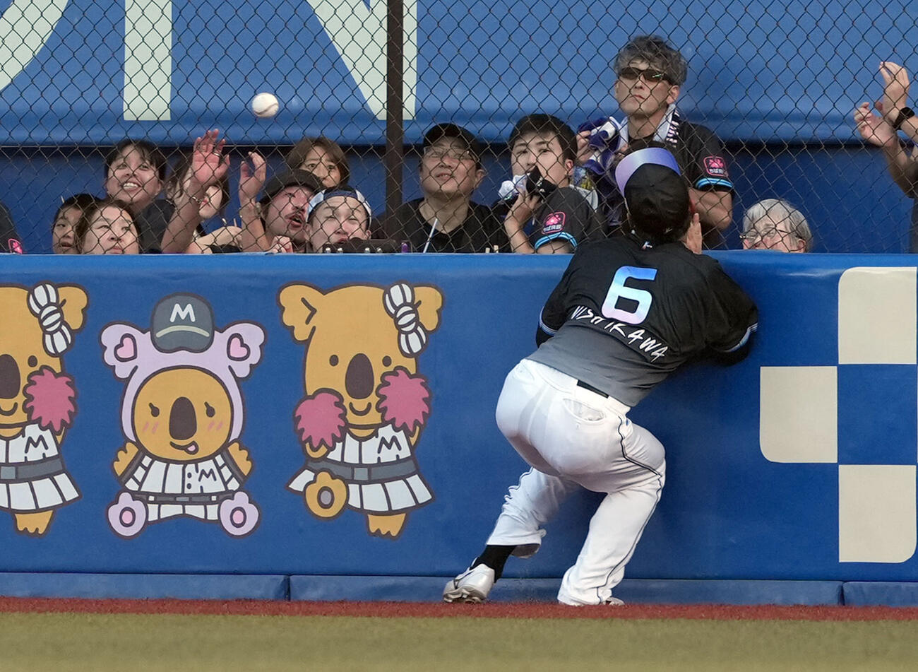 ロッテ対ソフトバンク　4回表ソフトバンク2死二、三塁、海野隆司の飛球を追って右翼手西川史礁がフェンスに激突。2点適時二塁打とされる（撮影・たえ見朱実）