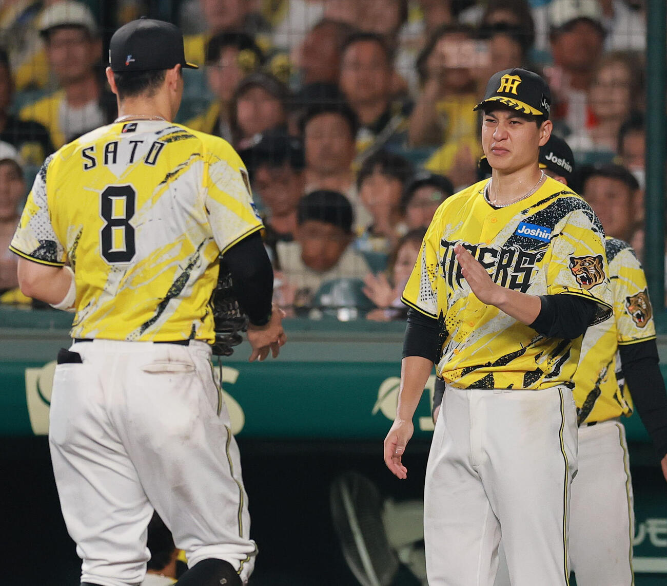 阪神対DeNA 6回途中で降板した阪神大竹耕太郎（右）はベンチ前でナインを出迎える（撮影・上山淳一）