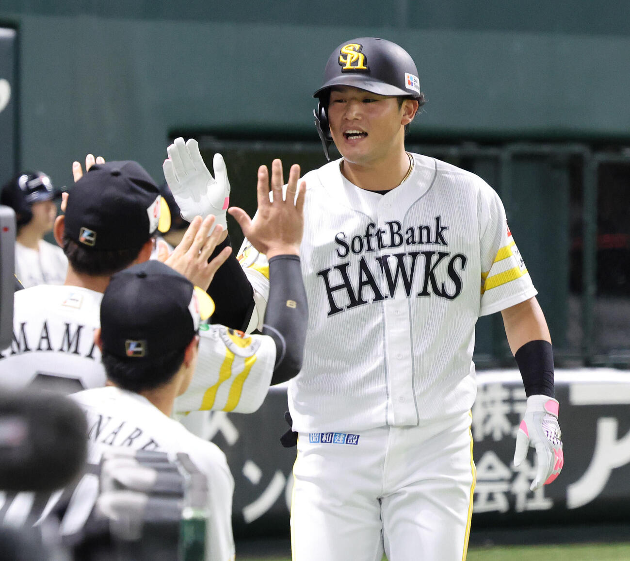 ソフトバンク対オリックス　2回裏ソフトバンク無死、山本恵大は中越えに先制本塁打を放ちベンチのナインとハイタッチ（撮影・梅根麻紀）