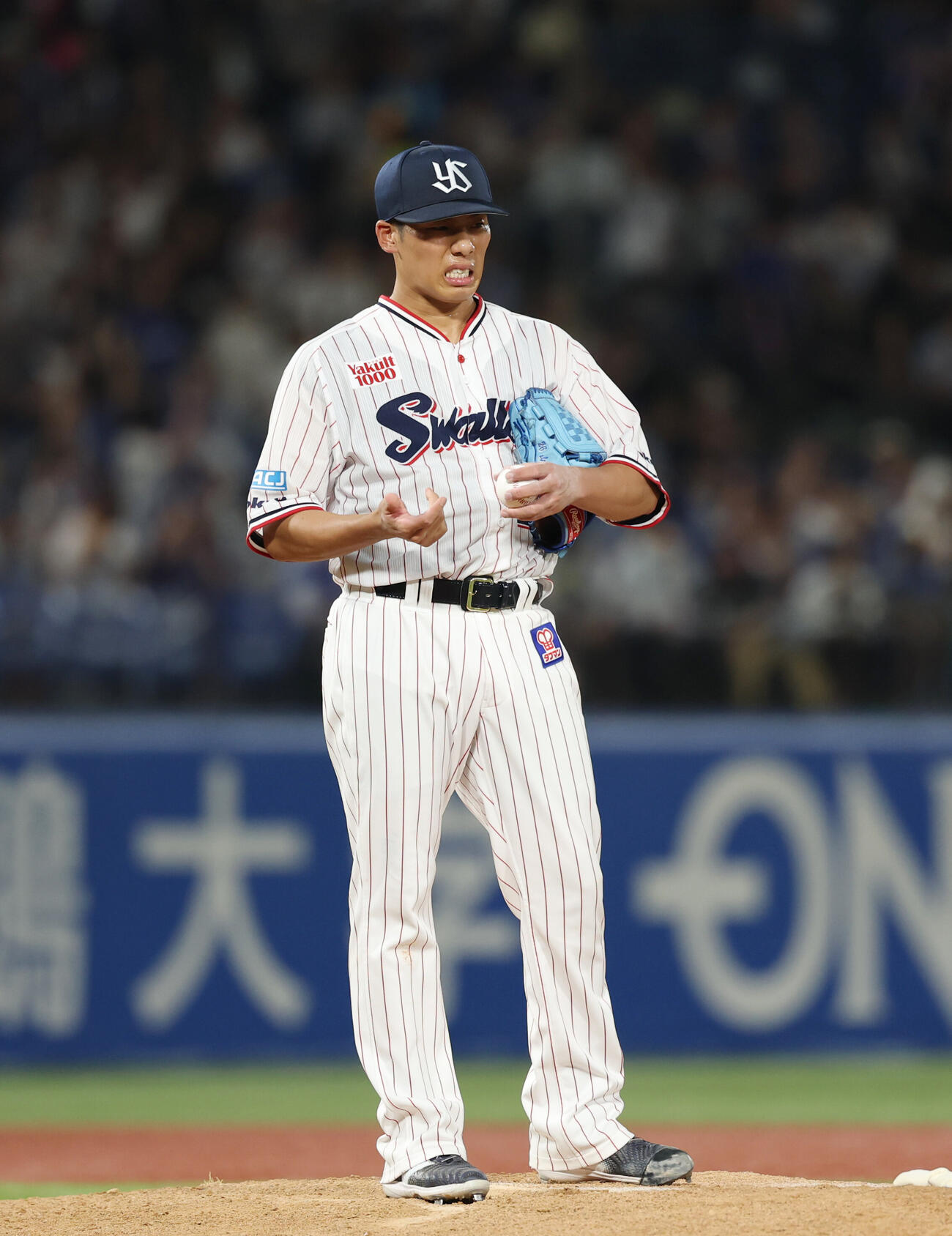 ヤクルト対中日　6回表中日1死、田中幹也の内野安打をはじき手を痛がる山野太一（撮影・増田悦実）