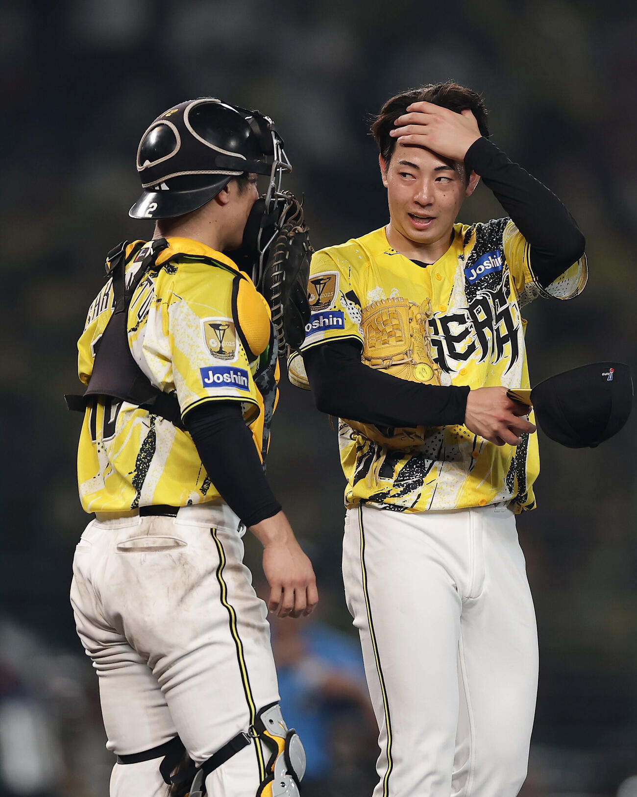 阪神対DeNA 6回表DeNA1死二塁、マウンドで坂本誠志郎（左）と言葉を交わす下村海翔（撮影・前田充）