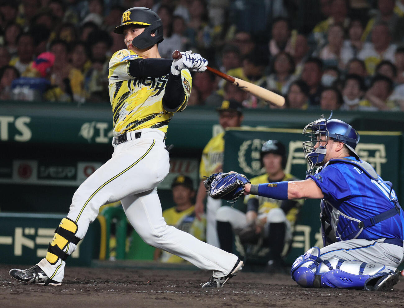 阪神対DeNA 5回裏阪神無死一塁、坂本誠志郎は二塁打を放つ（撮影・宮崎幸一）