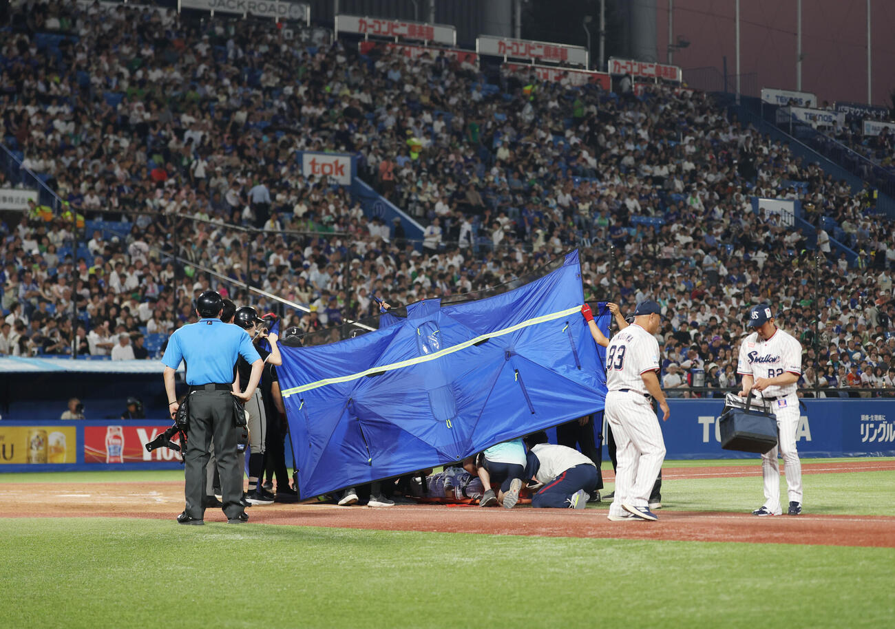 ヤクルト対中日　3回裏ヤクルト1死一塁、ブルーシートで覆われ中村悠平の治療が行われる神宮球場（撮影・増田悦実）