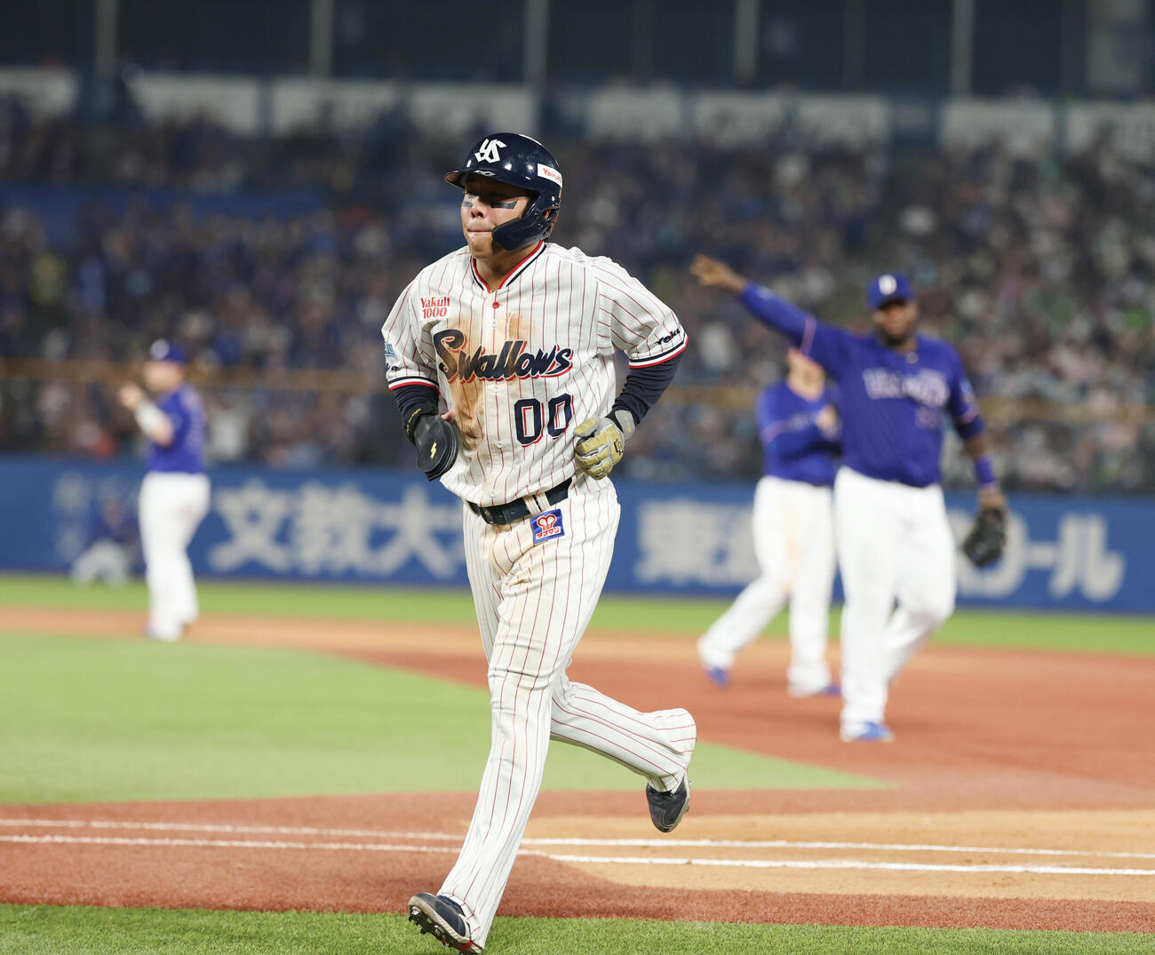 ヤクルト対中日　5回裏ヤクルト無死一塁、けん制がタッチアウトになりベンチに戻る赤羽由紘（撮影・増田悦実）
