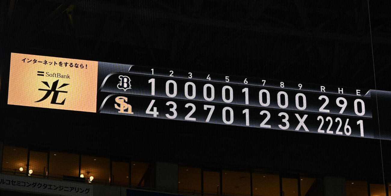 ソフトバンク対オリックス　試合終了後のスコアボード（撮影・林敢治）