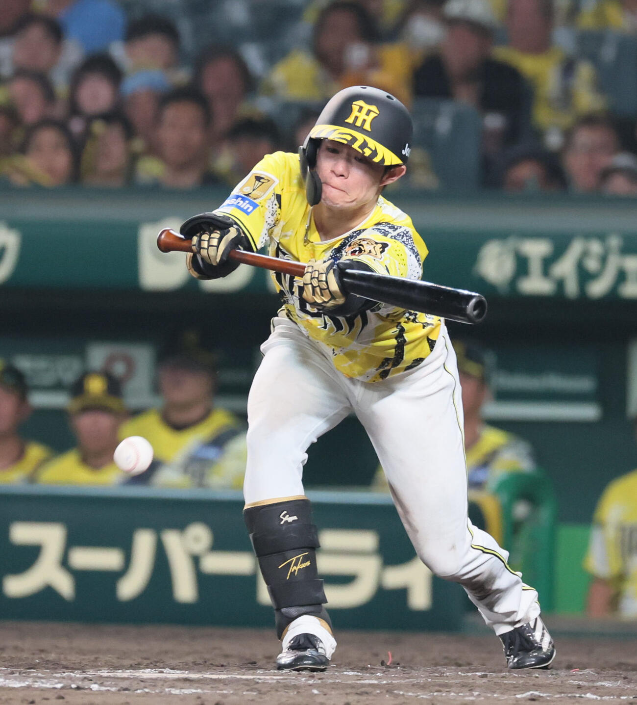 阪神対DeNA 8回裏阪神無死一塁、中野拓夢は送りバントを決める（撮影・宮崎幸一）