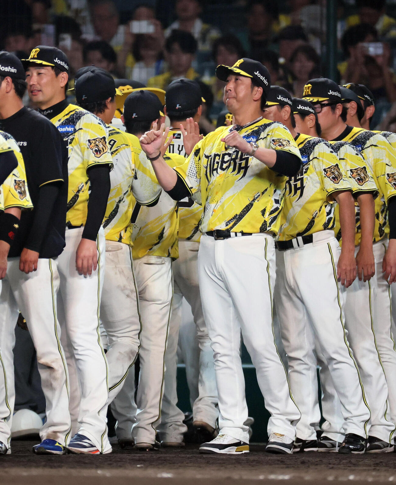 阪神対DeNA　勝利を祝う藤川球児監督（中央右）はガッツポーズでナインを迎える（撮影・宮崎幸一）