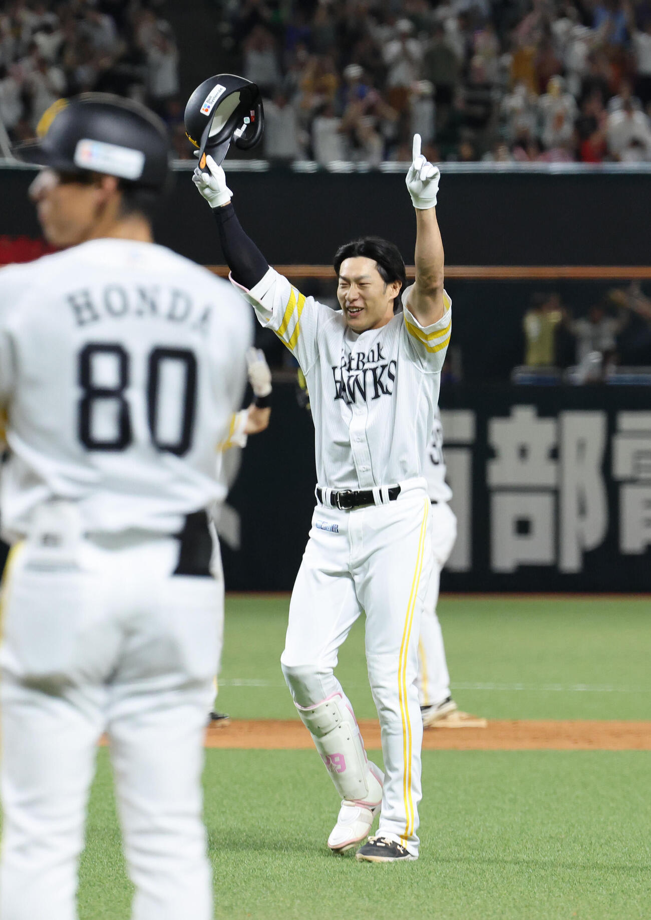 ソフトバンク対オリックス　9回裏ソフトバンク1死満塁、柳田悠岐は中越えにサヨナラ打を放ち歓喜の表情（撮影・梅根麻紀）