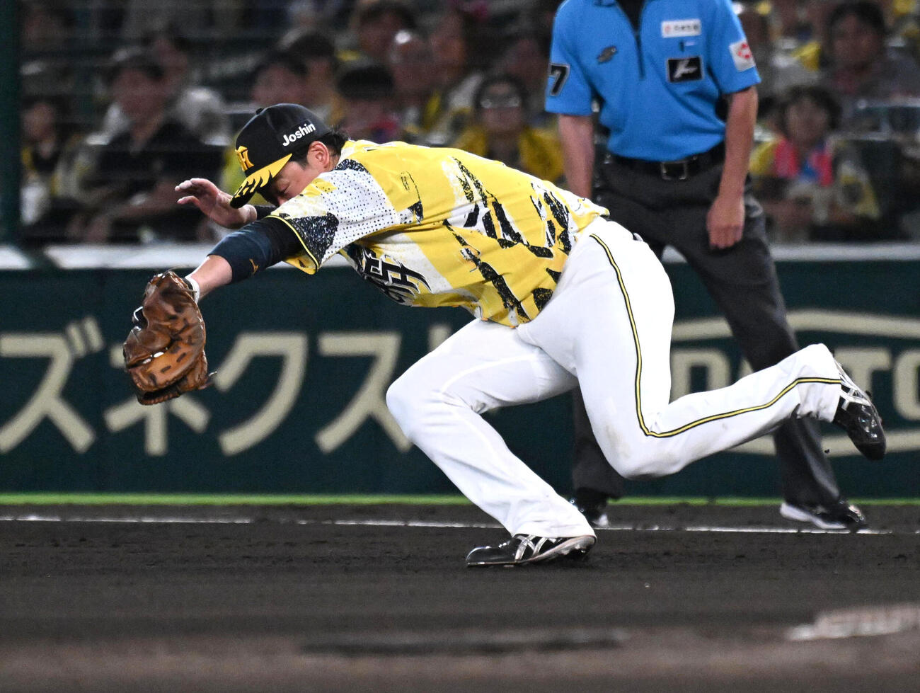 阪神対巨人　6回表巨人1死　浦田俊輔の一ゴロを好捕する大山悠輔（撮影・石井愛子）