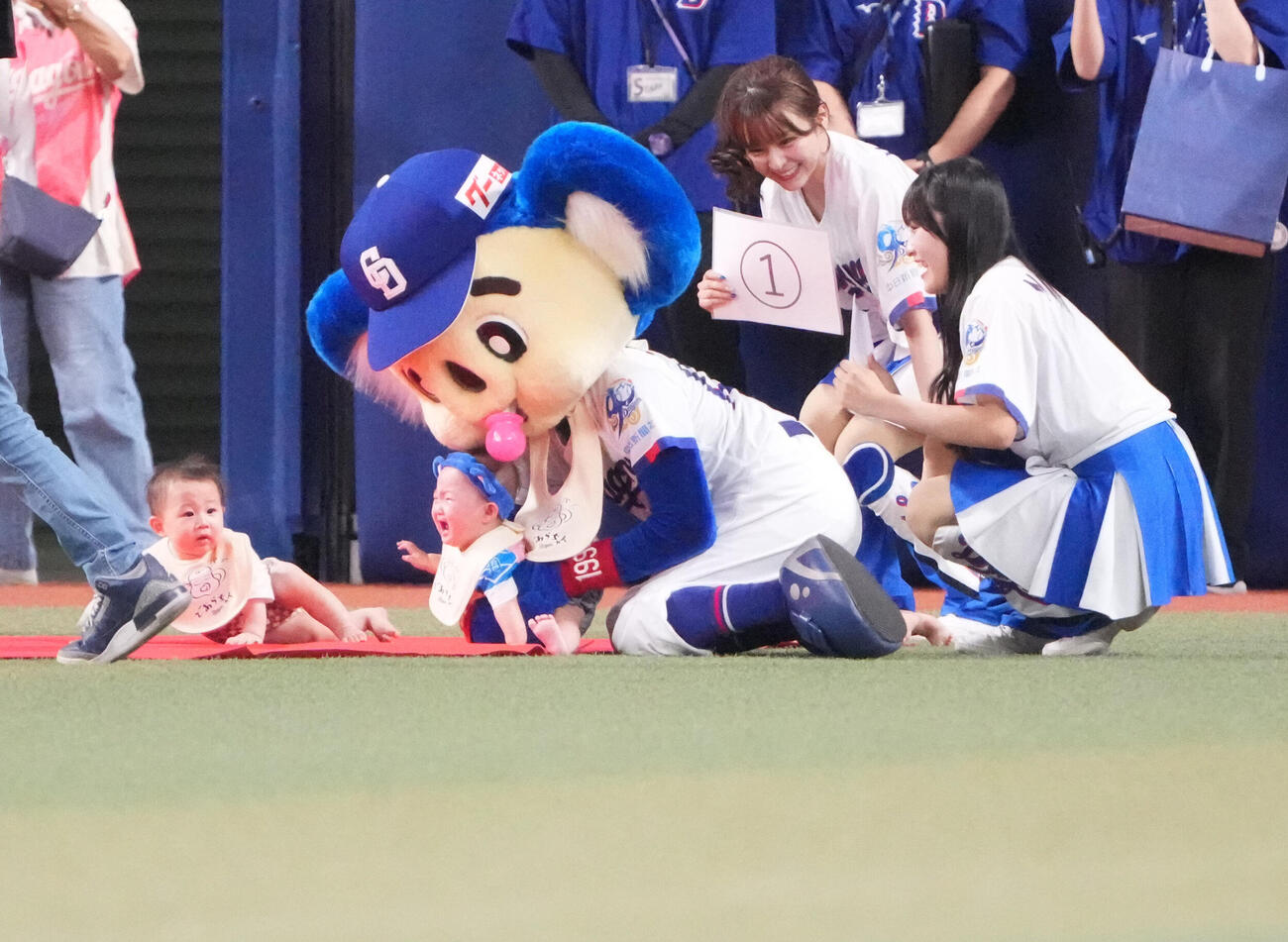 中日対DeNA 5回終了、赤ちゃんハイハイレースに臨むドアラ（撮影・森本幸一）