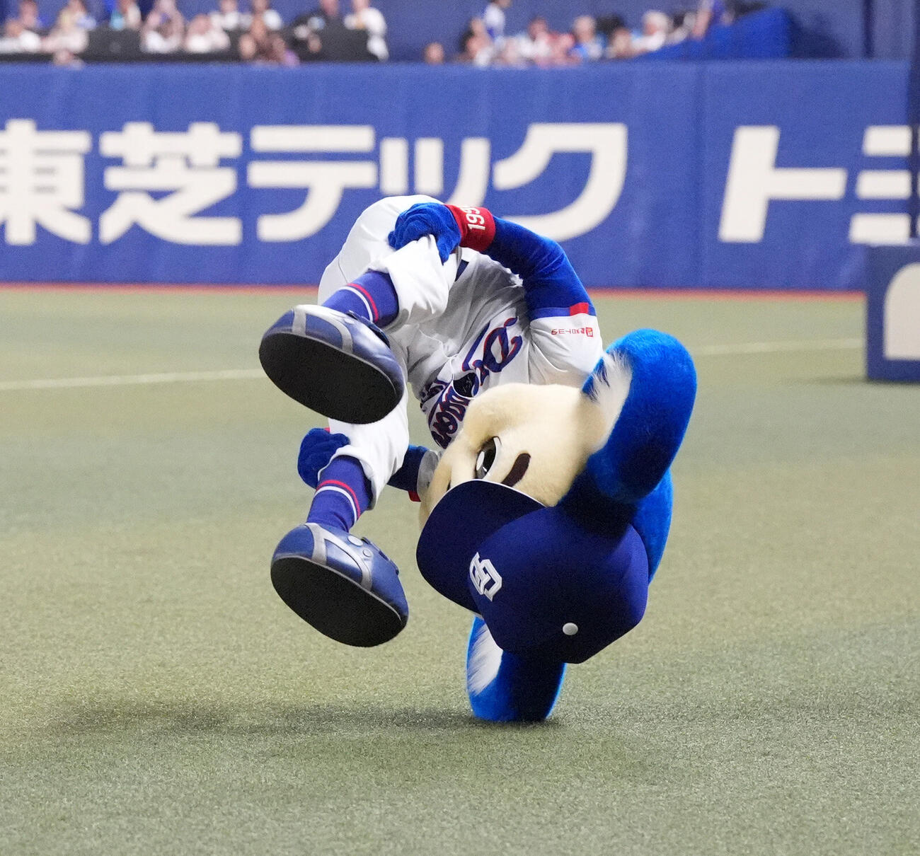 中日対DeNA 7回終了、久々に挑戦したバク転に着地失敗するドアラ（撮影・森本幸一）