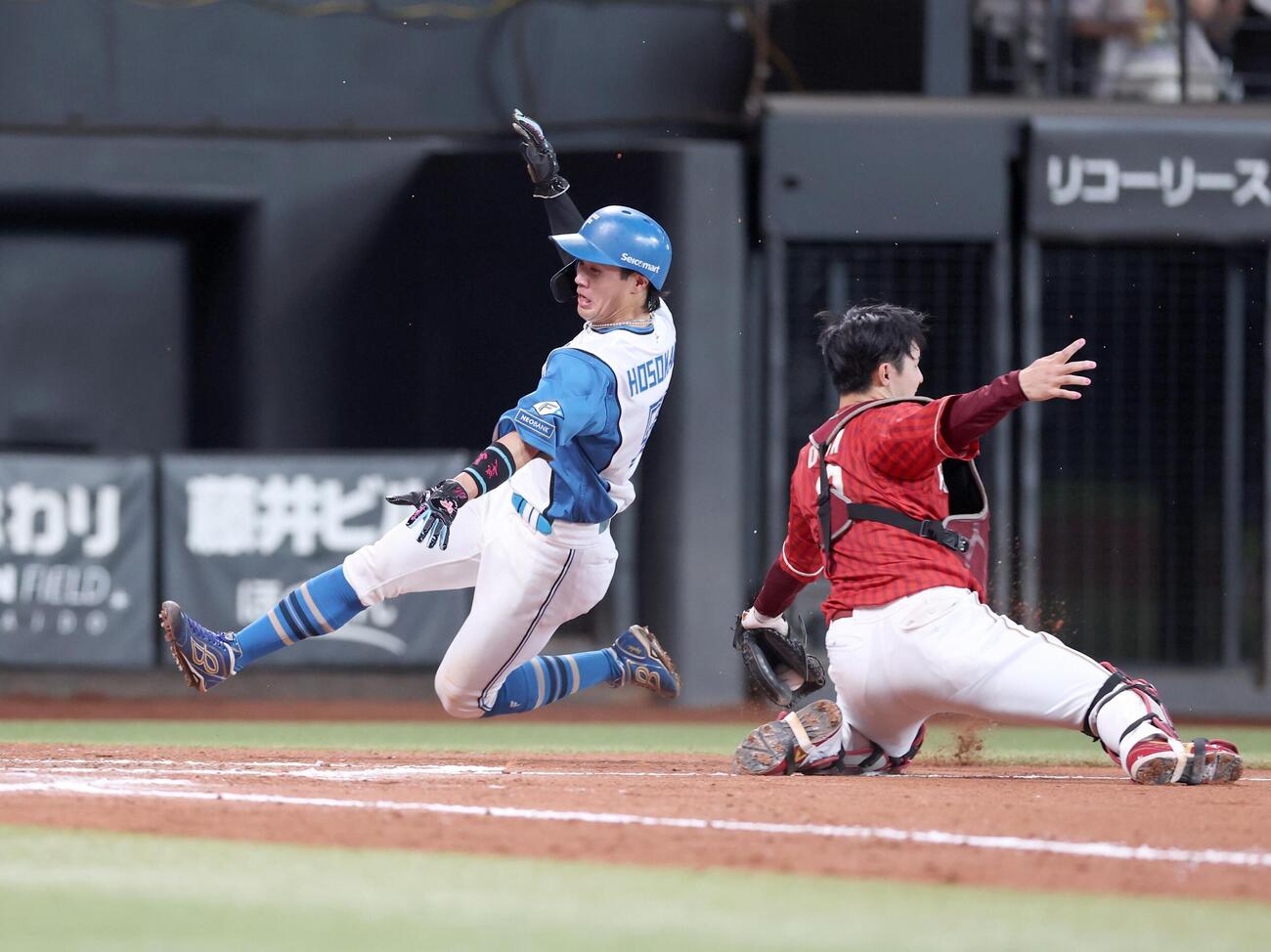 日本ハム対楽天　7回裏日本ハム1死三塁、奈良間大己の犠飛で生還する細川凌平（撮影・黒川智章）