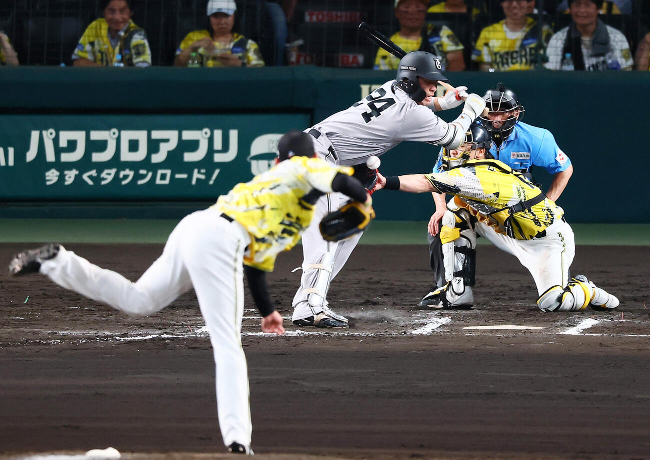 阪神対巨人　7回表巨人2死三塁、死球を受ける大城卓三。投手及川雅貴（撮影・加藤哉）