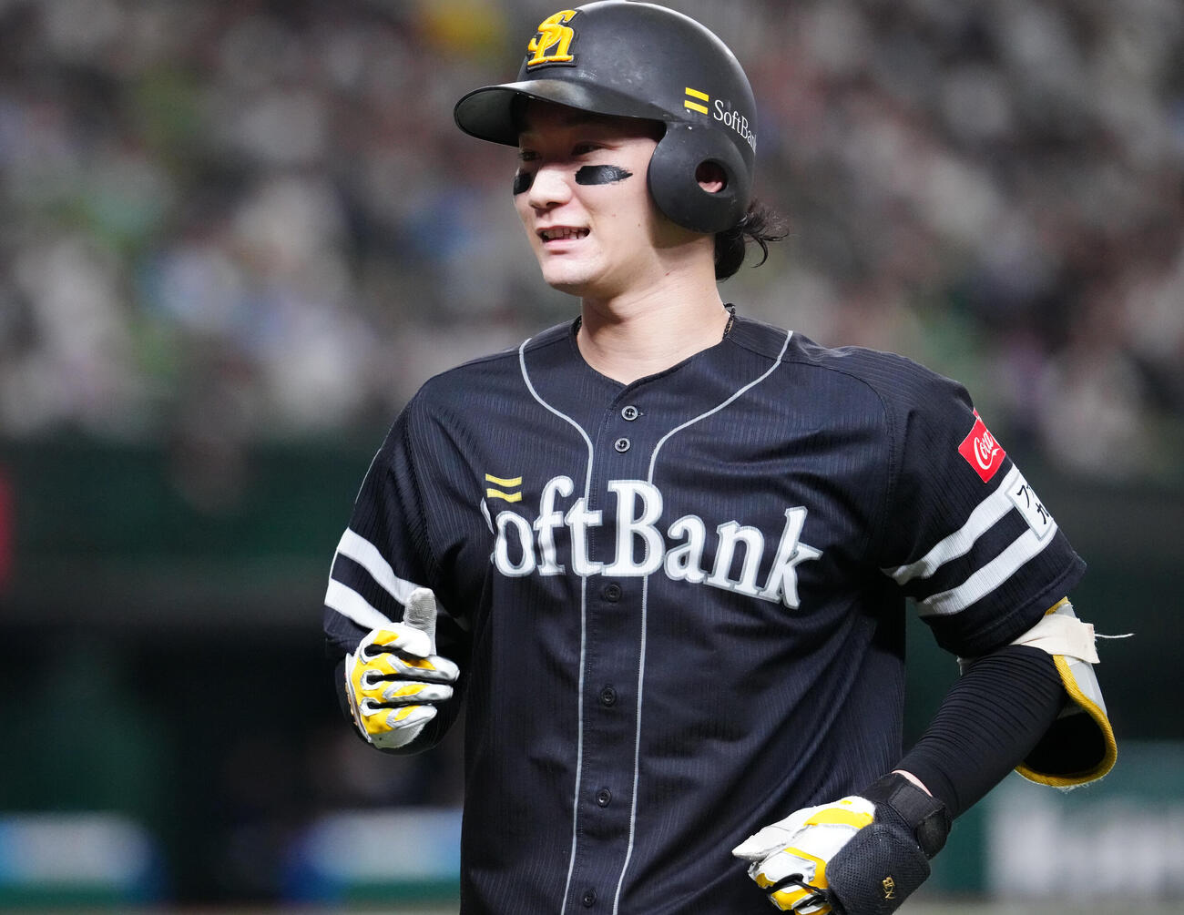 西武対ソフトバンク　5回表ソフトバンク1死満塁、先制犠飛を放った正木智也（撮影・江口和貴）