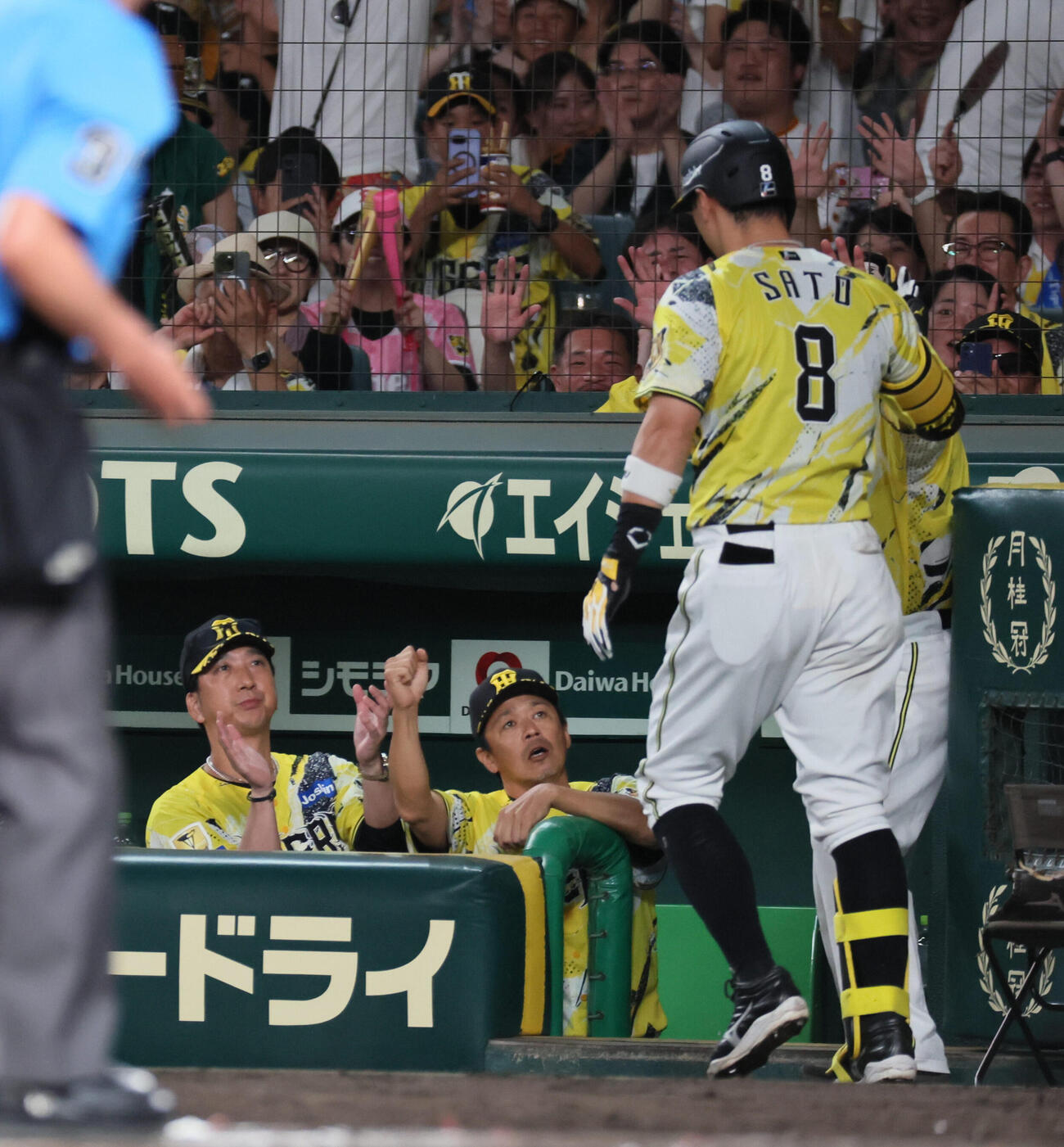 阪神対巨人　6回裏阪神無死、藤川球児監督（左）はバックスクリーンに先制本塁打を放った佐藤輝明を迎える（撮影・宮崎幸一）